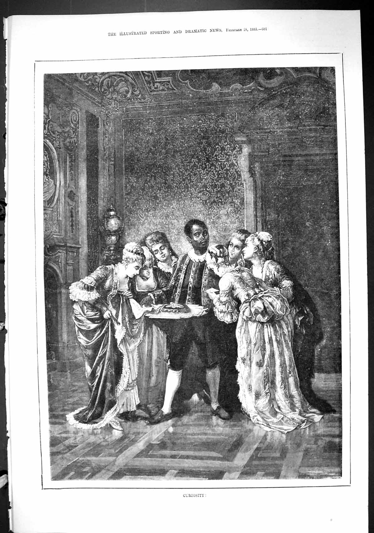 Original Old Antique Print 1885 Curiosity Negro Black Servant Man Ladies 19th