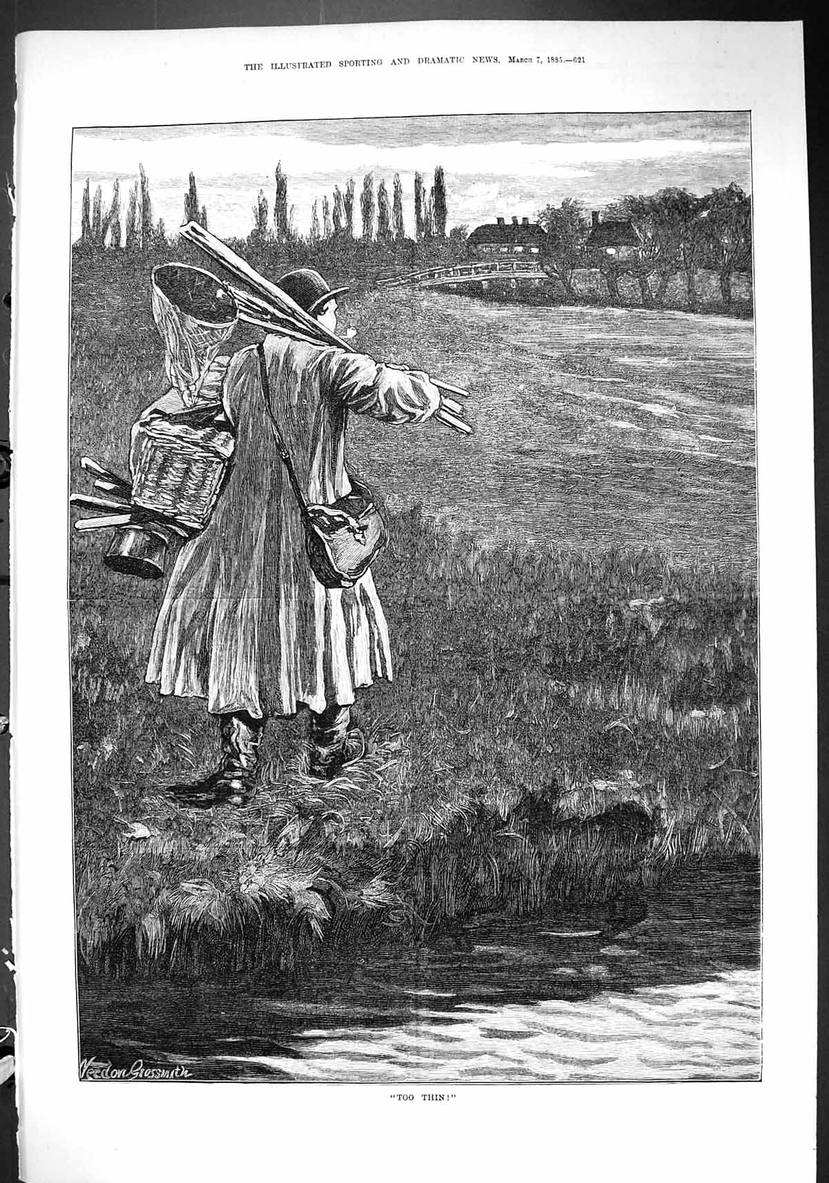 Old 1885 Grossmith Fine Art Man Fishing River Bank Nets Sport Country Victorian
