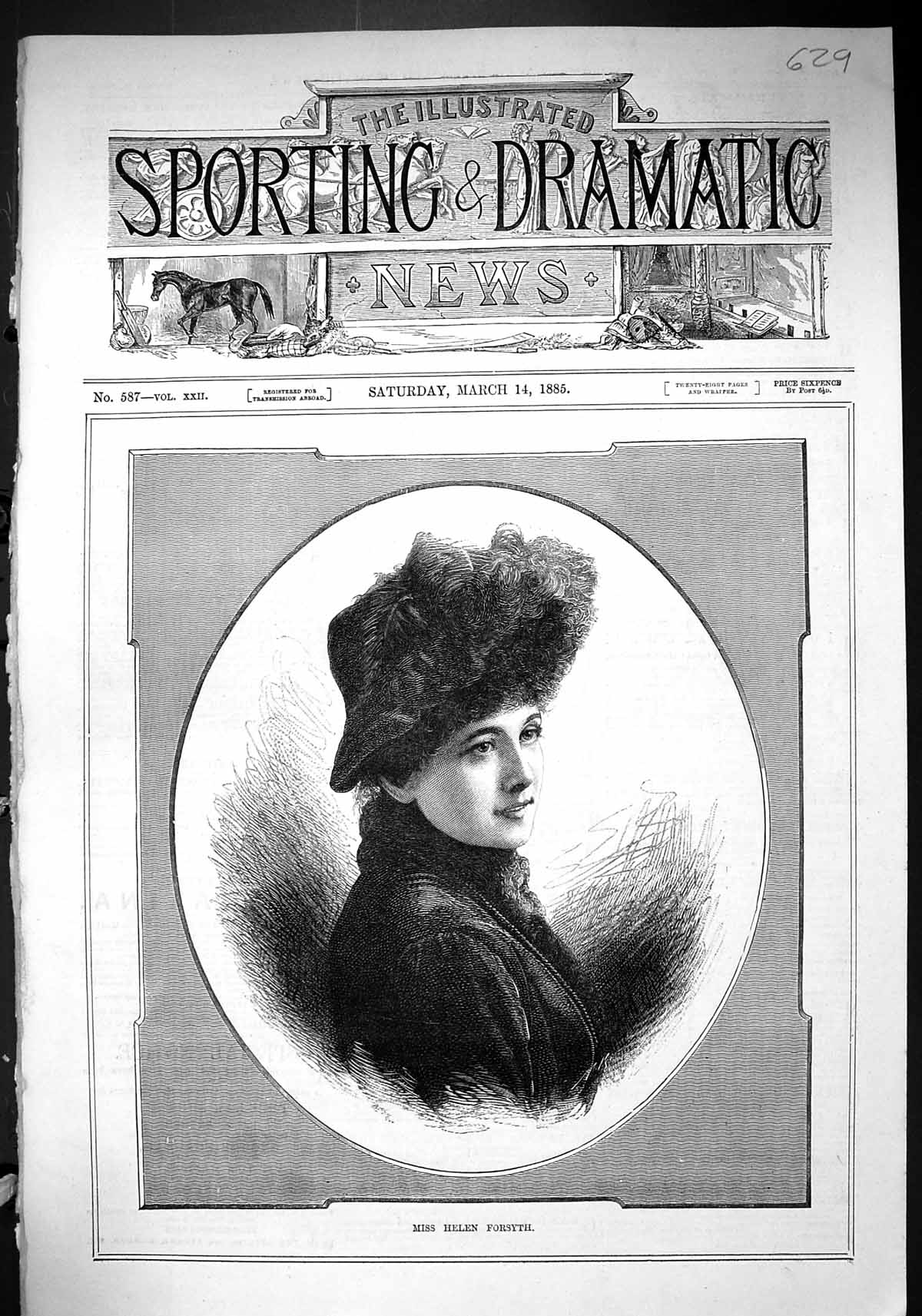 Original Old Antique Print 1885 Portrait Beautiful Woman Miss Helen Forsyth