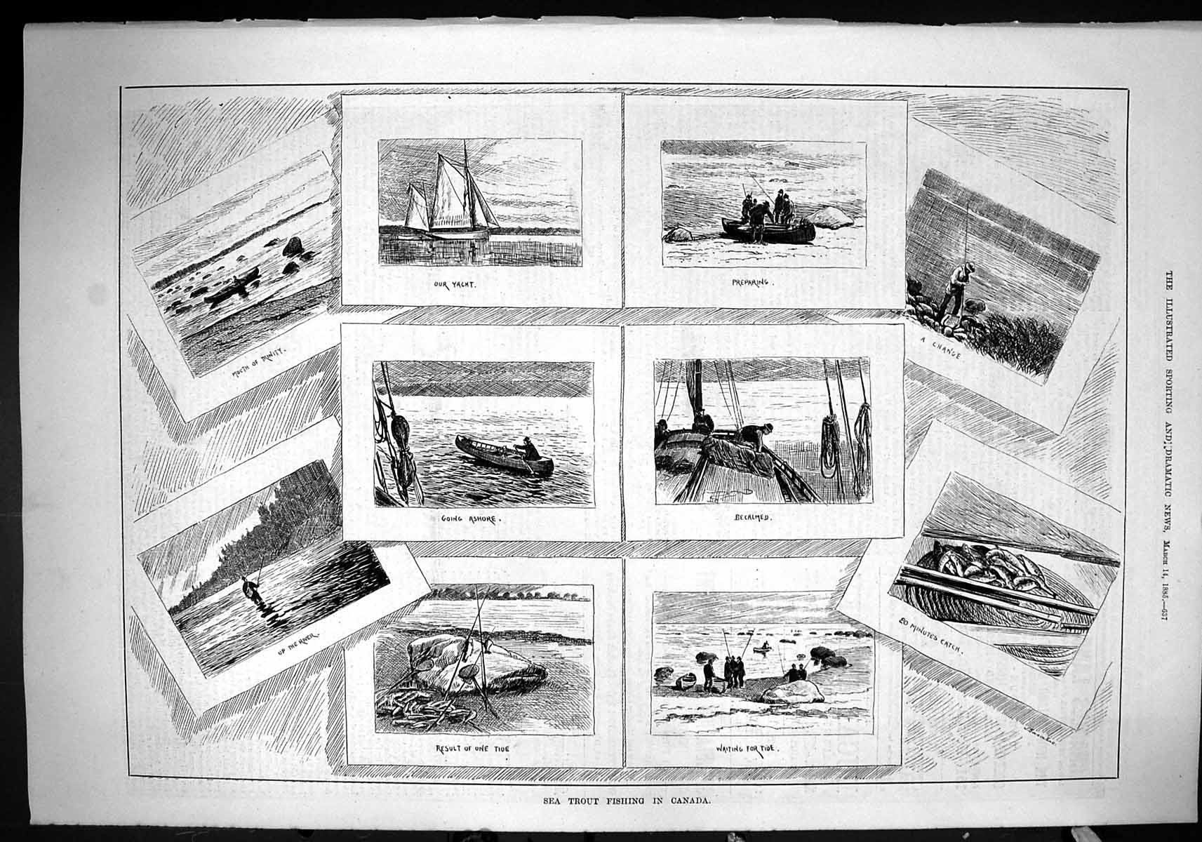 Old 1885 Sea Trout Fishing Canada Yacht Boat River Mouth Trinity Spor Victorian