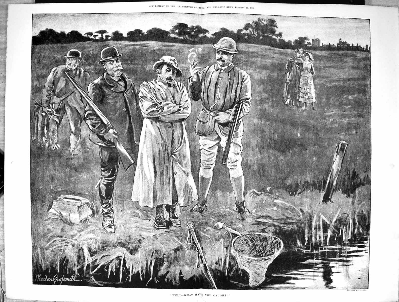 Antique Print 1885 River Fishing Scene Sport Hunting Rifles Nets Grossmith