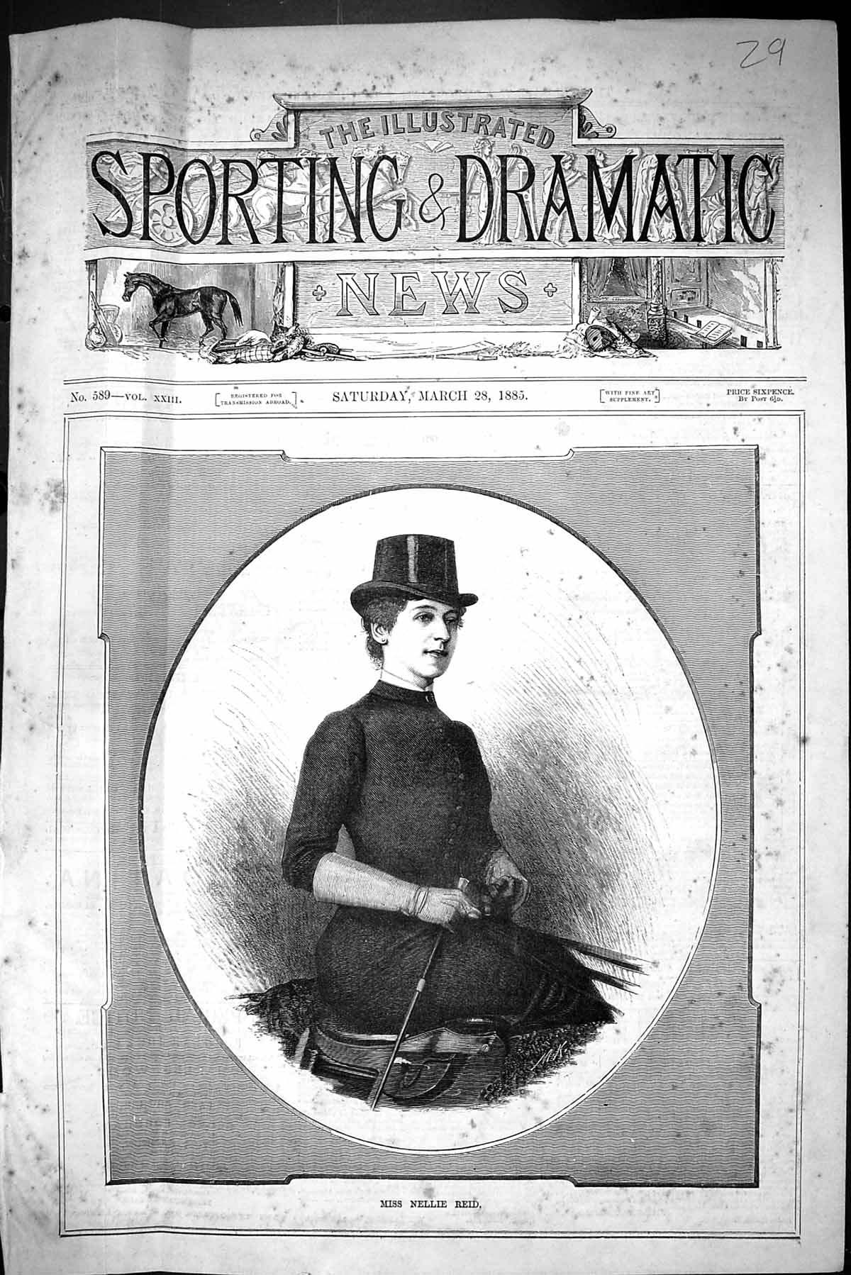 Old Antique Print Sporting Dramatic News 1885 Miss Nellie Reid Lady Rider 19th