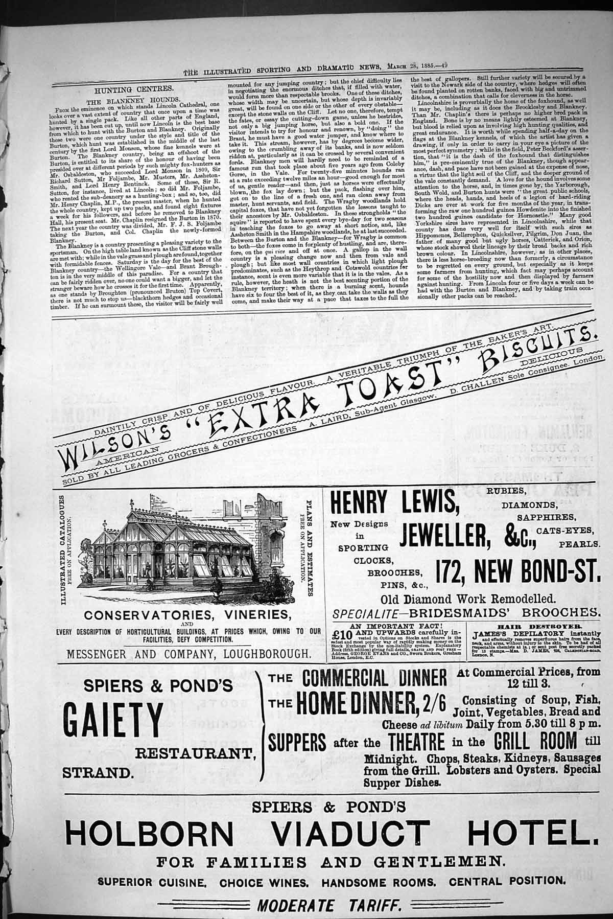 Old Print 1885 Holborn Hotel Conservatories Messenger Wilson Lewis Gaiety 19th