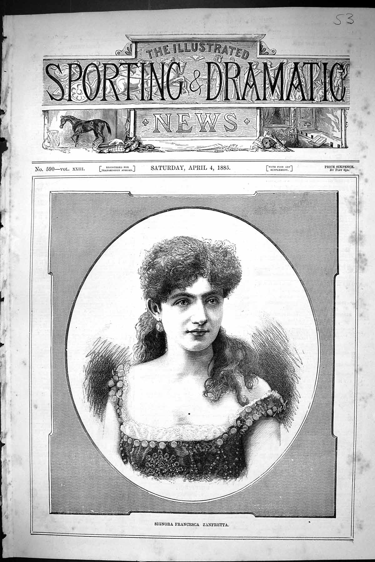 Old Antique Print Sporting Dramatic News 1885 Signora Francesca Zanfretta 19th