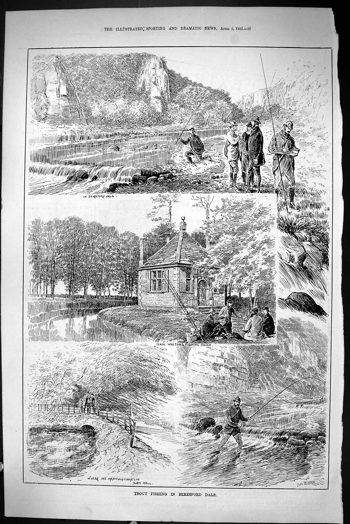 Old Sporting Dramatic News 1885 Trout Fishing Beresford Dale Izaak Wa Victorian