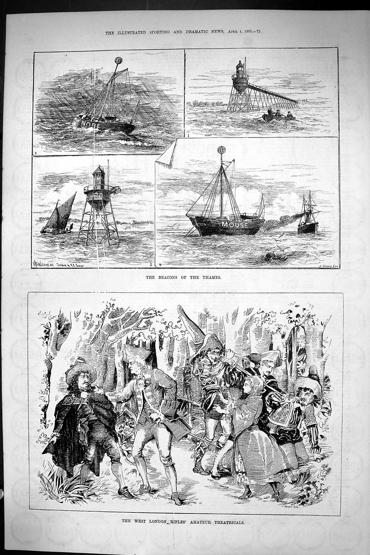 Old Sporting Dramatic News 1885 Beacons River Thames Ships London Rif Victorian
