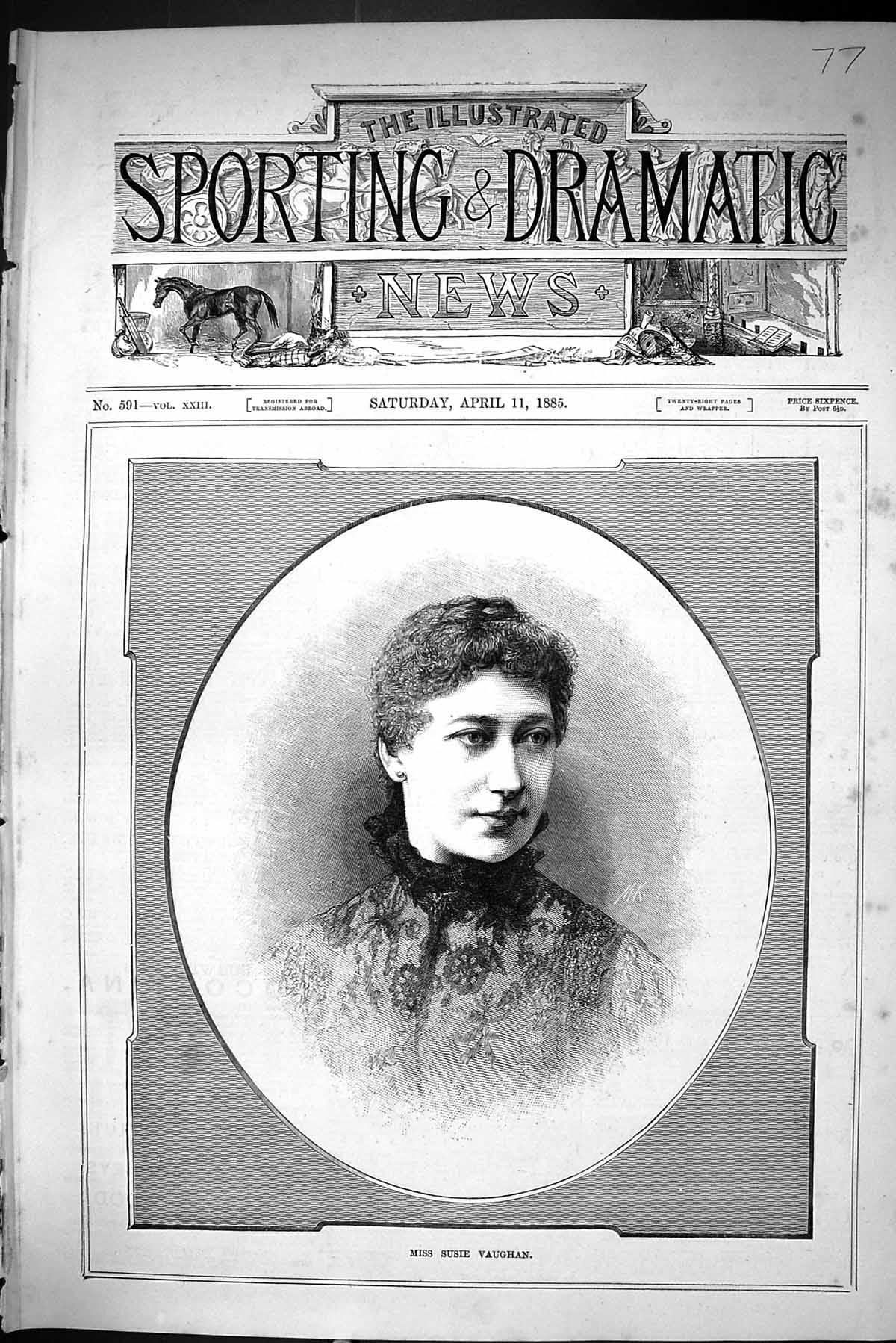Antique Old Print Sporting Dramatic News 1885 Miss Susie Vaughan Lady Woman