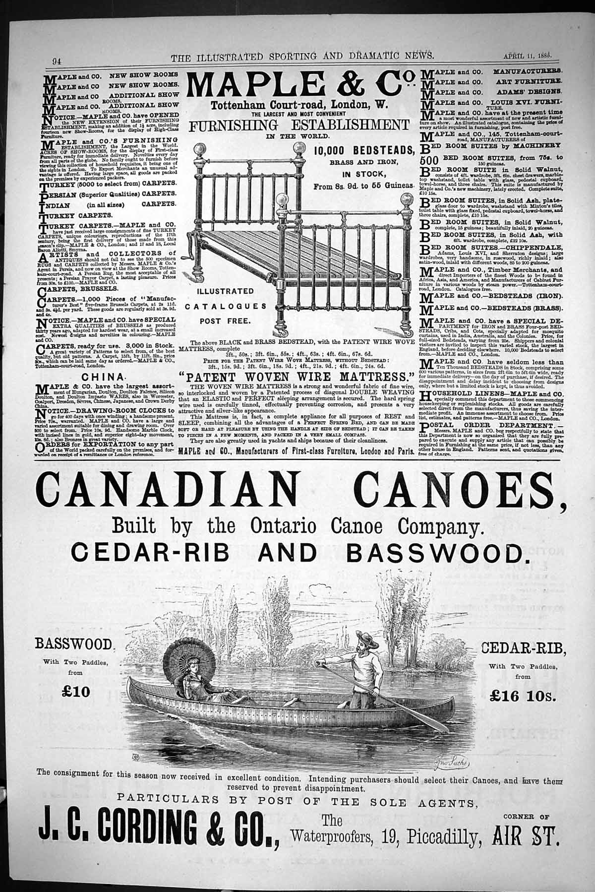 Antique Old Print Sporting Dramatic News 1885 Maple Furniture Cording Canoes