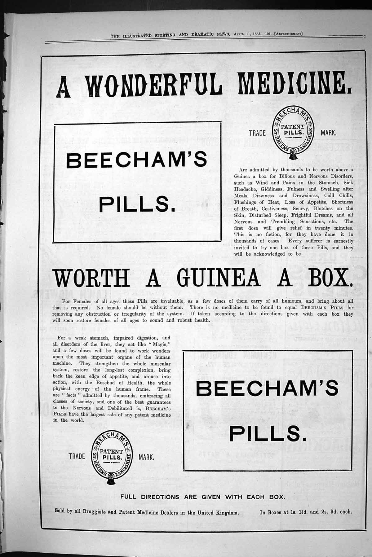 Antique Print Sporting Dramatic News 1885 Beechams Pills Druggists Medicine