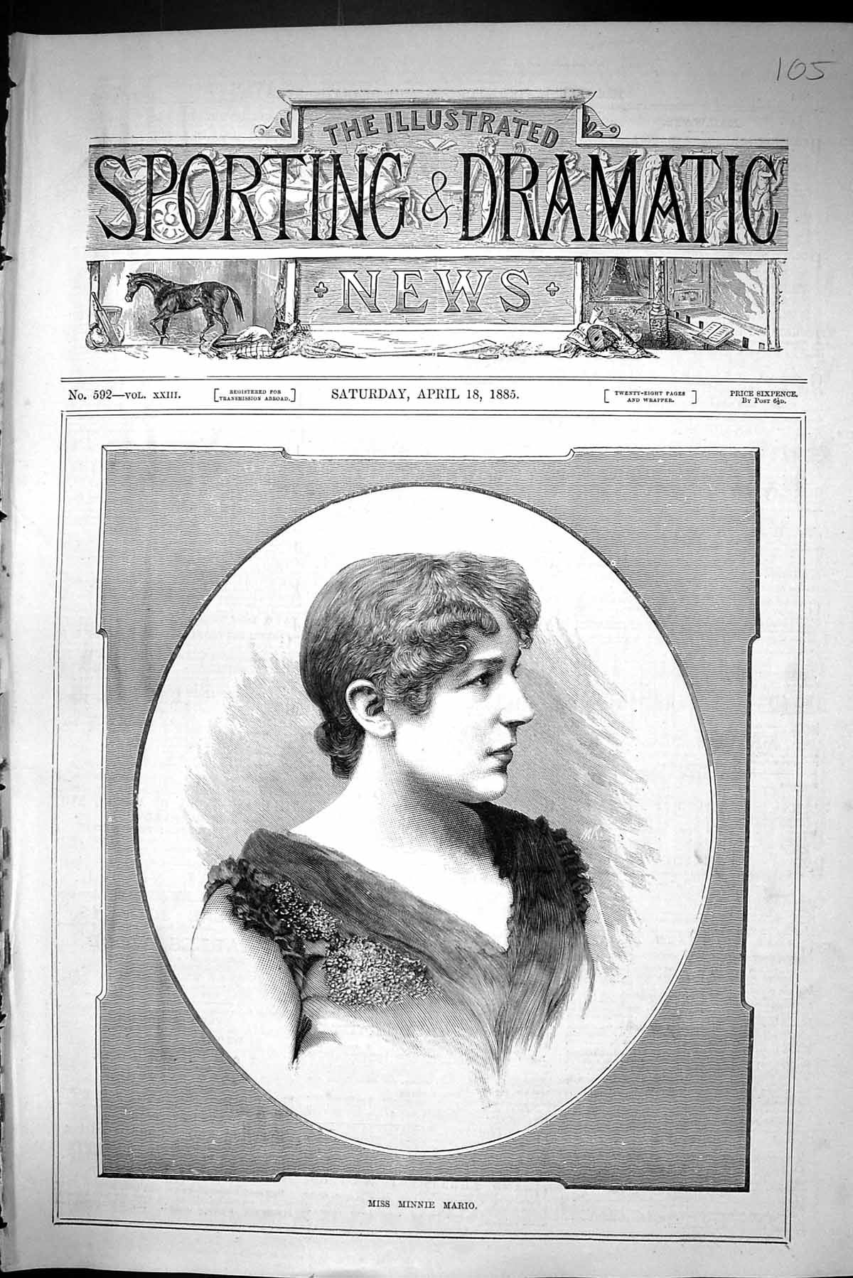 Antique Old Print Sporting Dramatic News 1885 Miss Minnie Mario Lady Woman 19th