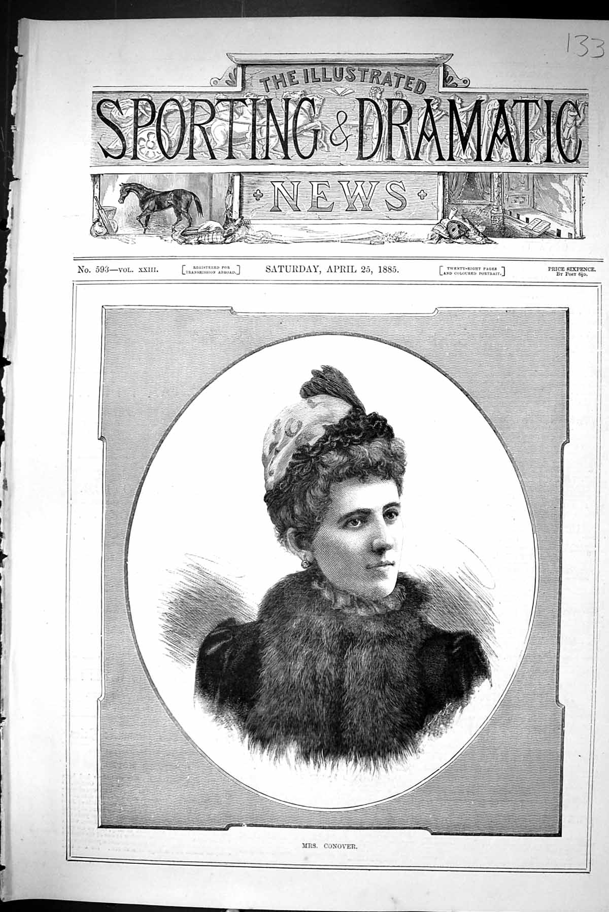 Old Antique Print Sporting Dramatic News 1885 Mrs Conover Beautiful Lady 19th