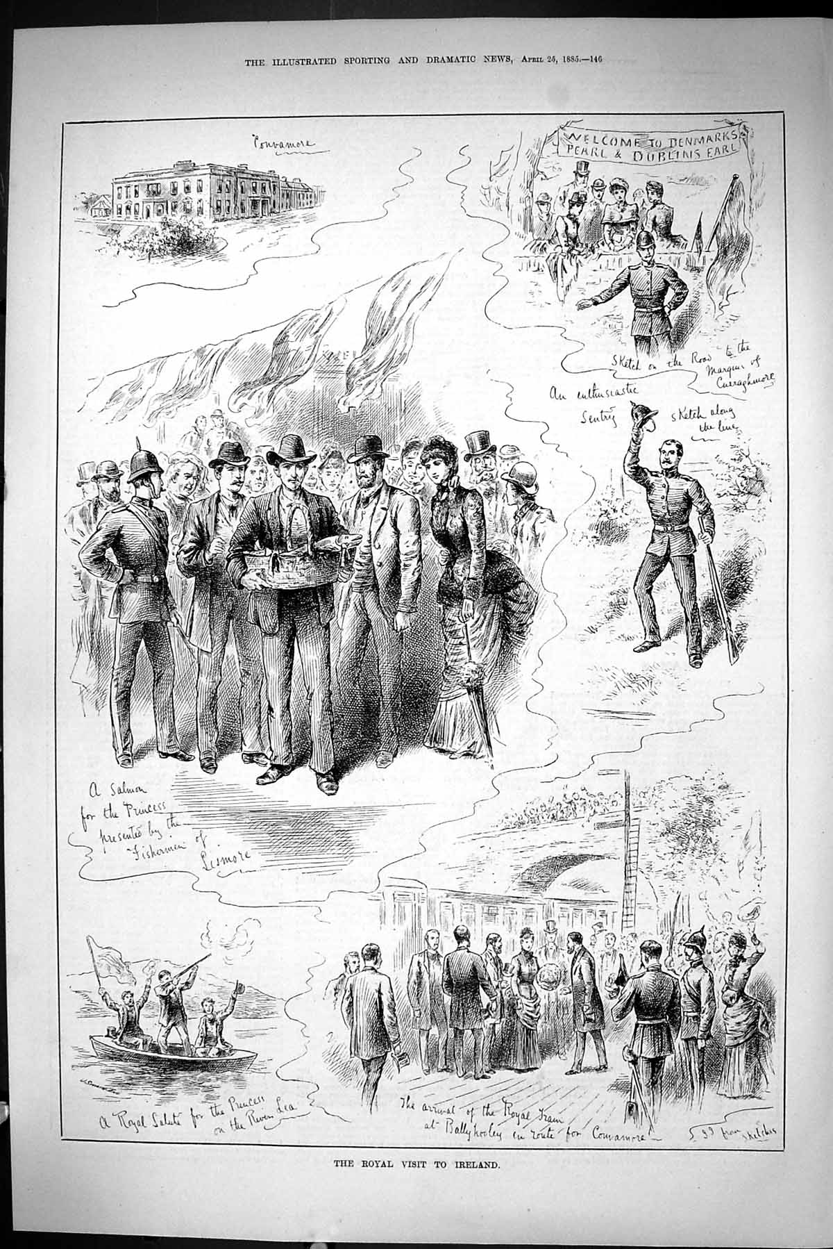 Old Sporting Dramatic News 1885 Royal Visit Ireland Connamore River L Victorian