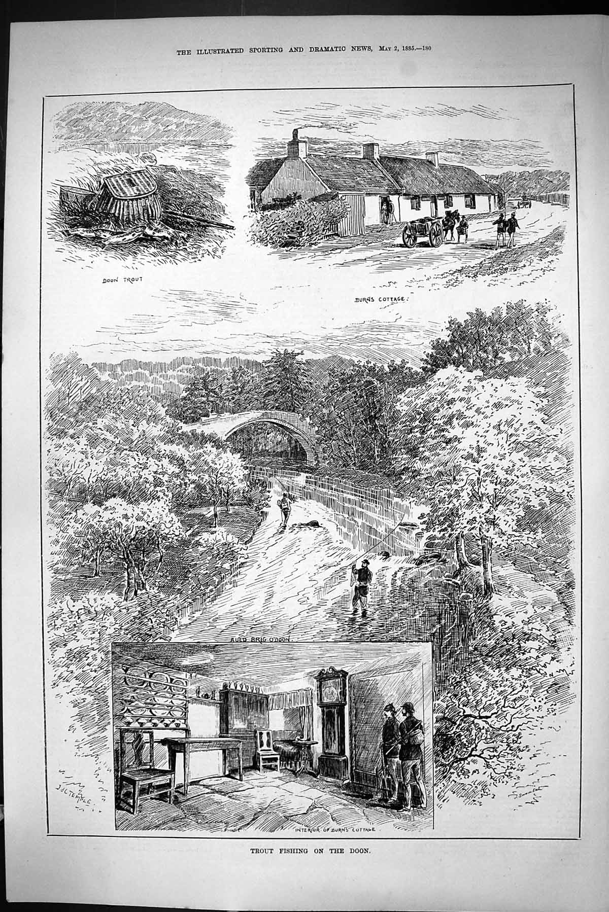 Old Sporting Dramatic News 1885 Trout Fishing River Doon Burns Cottag Victorian