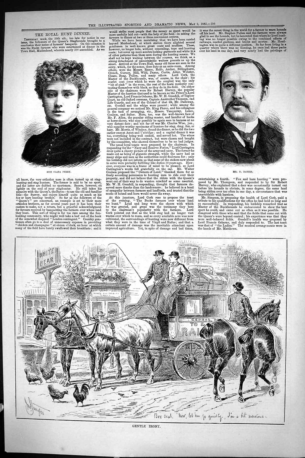 Old Sporting Dramatic News 1885 Clara Perry Davies Horses Coach Trans Victorian