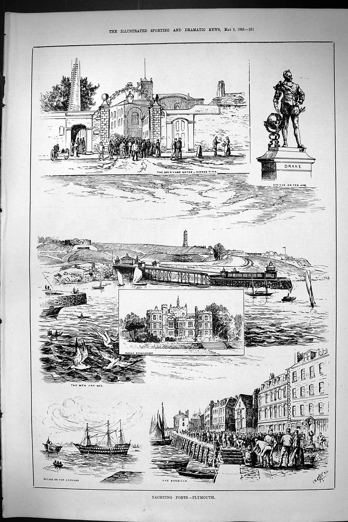 Old 1885 Yachting Port Plymouth Statue Drake Barbican Ship Hulks Moun Victorian