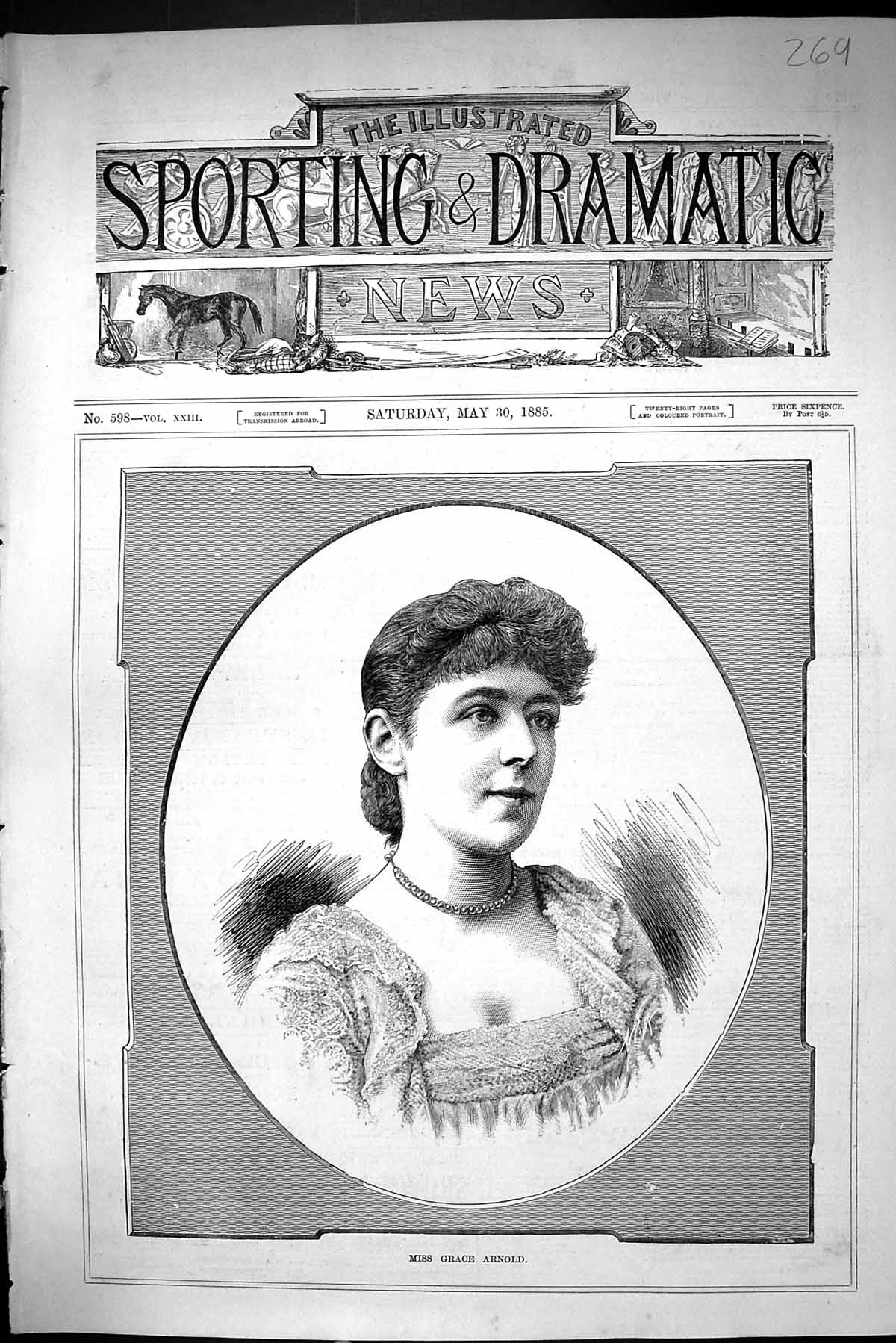 Original Old Antique Print Sporting Dramatic News 1885 Miss Grace ArnLady Woman