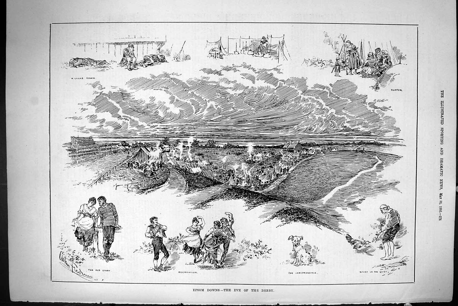 Old Sporting Dramatic News 1885 Epsom Downs Derby Horse Racing Specta Victorian