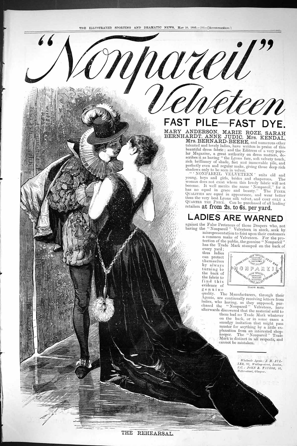 Antique Old Print Sporting Dramatic News 1885 Nonpareil Velveteen Fast Dye 19th