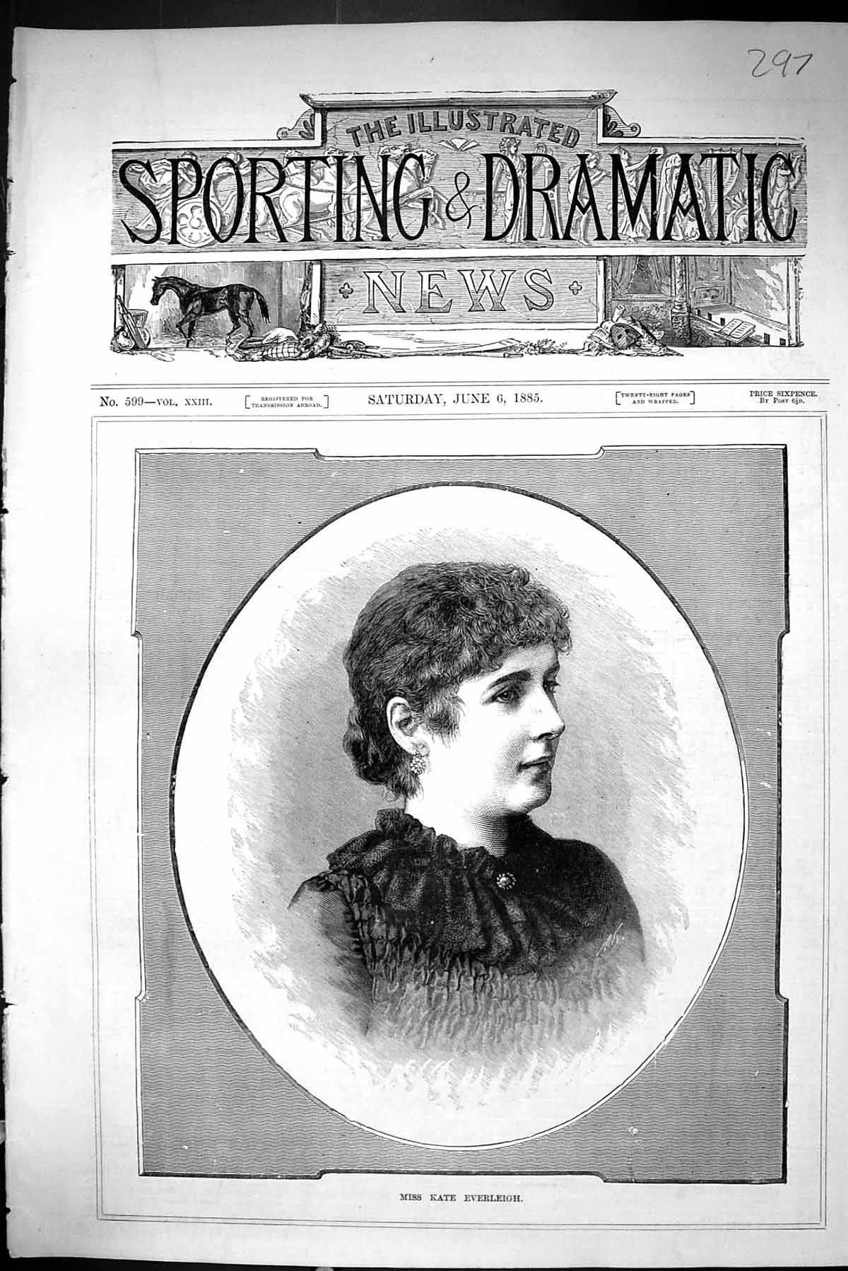 Antique Print Sporting Dramatic News 1885 Portrait Miss Kate Everleigh Lady