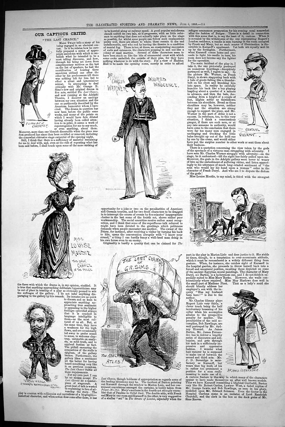 Old Sporting Dramatic News 1885 Captious Critic Last Chance Theatre W Victorian