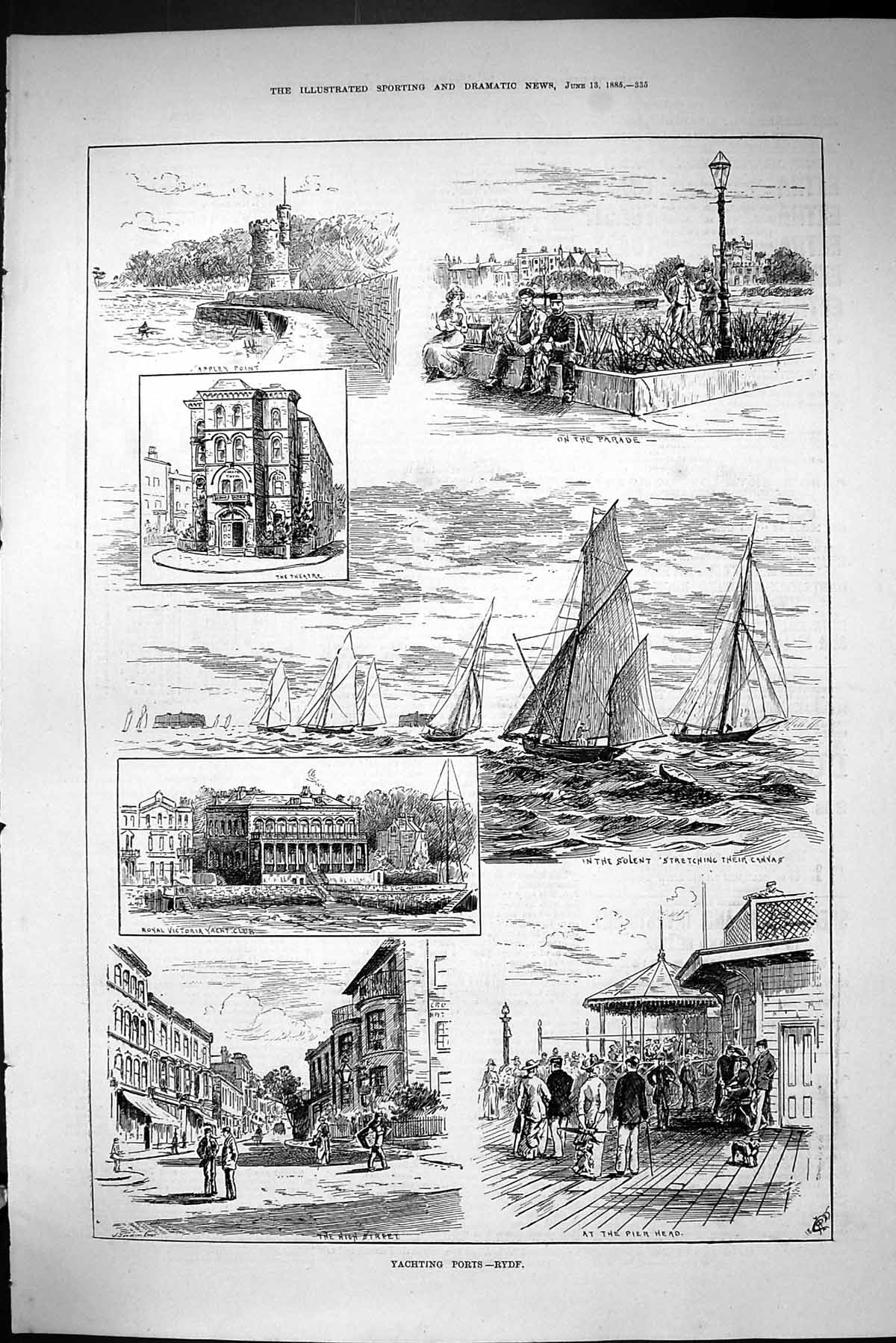 Old Sporting Dramatic News 1885 Yachting Port Ryde Solent Appley Poin Victorian