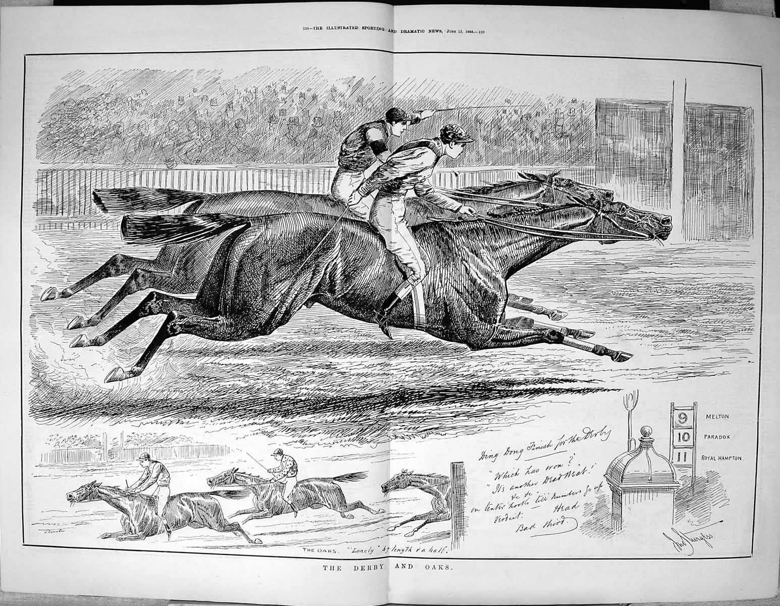 Old Sporting Dramatic News 1885 Derby Oaks Horse Racing Melton Parado 19th
