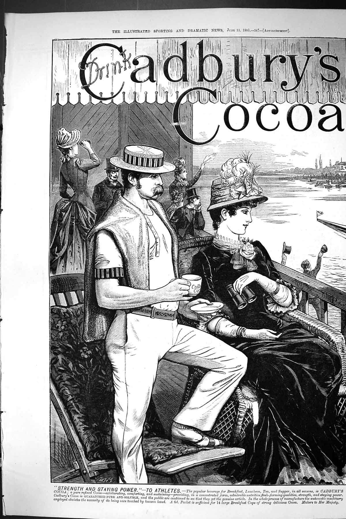 Antique Old Print Sporting Dramatic News 1885 Cadburys Cocoa Drink Boat Race