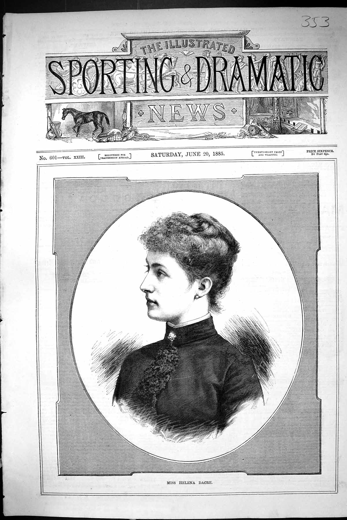Antique Print Sporting Dramatic News 1885 Miss Helena Dacre Beautiful Lady 19th