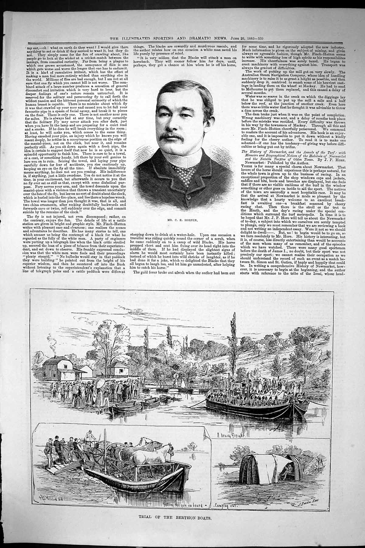 Antique Print Sporting Dramatic News 1885 Horner Berthon Boats Camp Horses 19th
