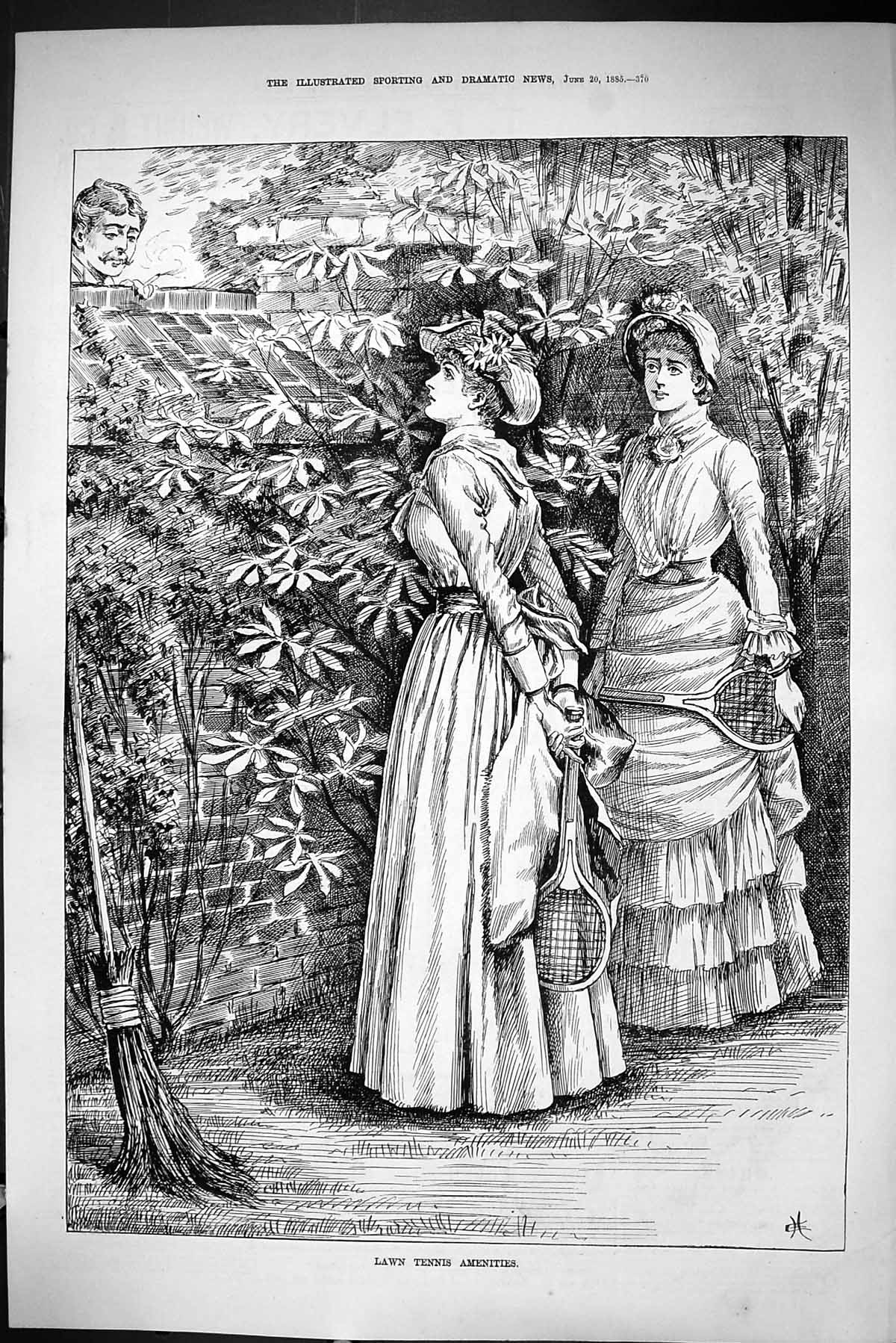 Old Sporting Dramatic News 1885 Lawn Tennis Ladies Romance Man Garden Victorian