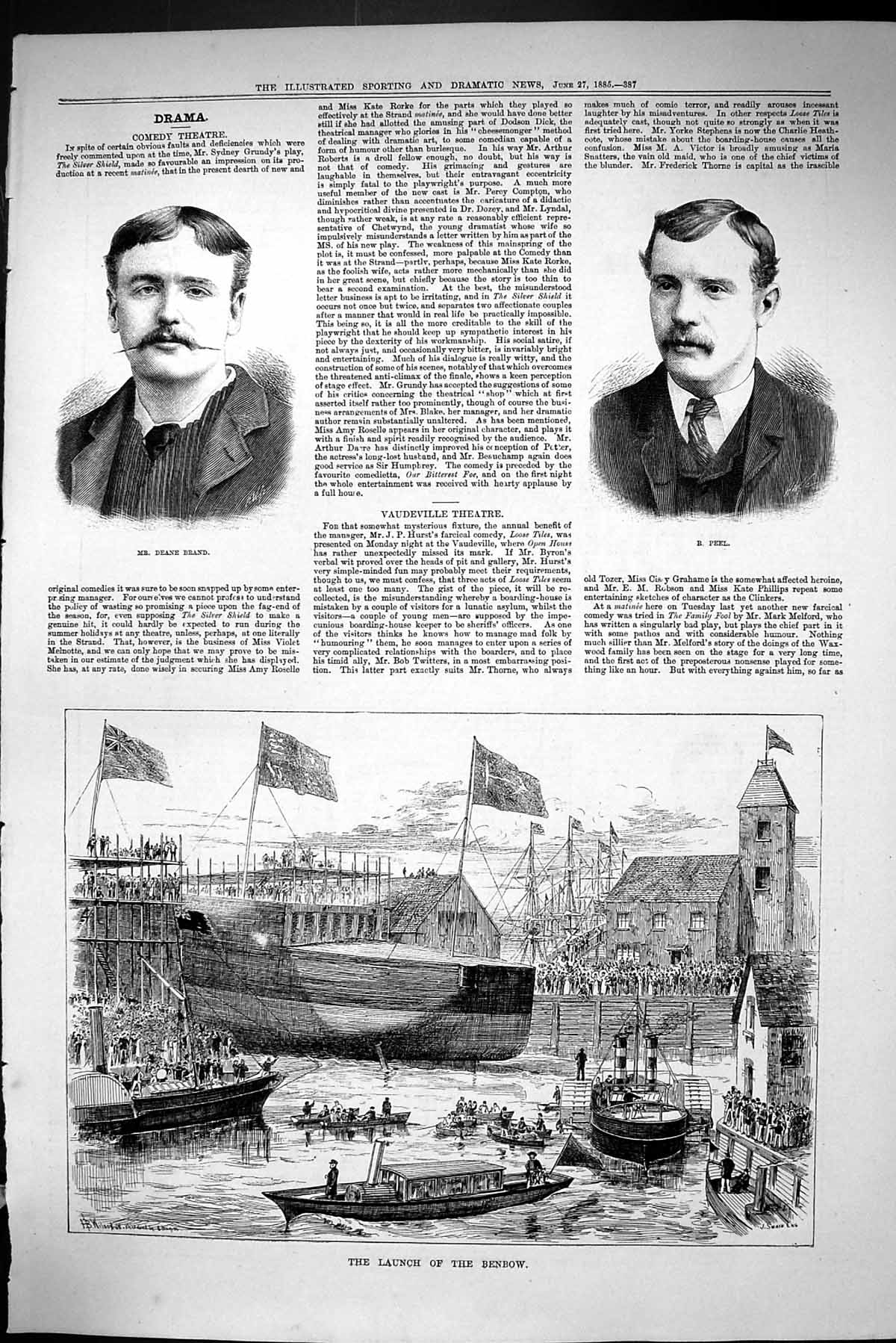 Old Print Sporting Dramatic News 1885 Deane Brand Peel Launch Benbow Ship 19th
