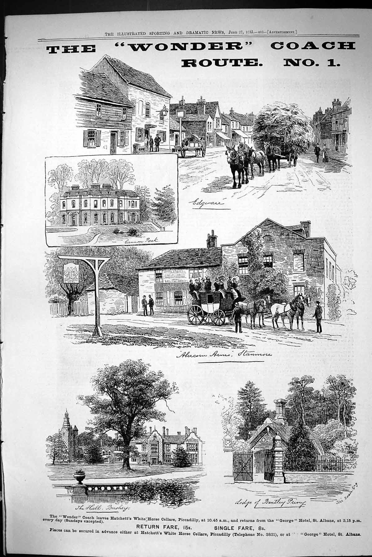 Old Sporting Dramatic News 1885 Wonder Coach Route Horses Transport P Victorian