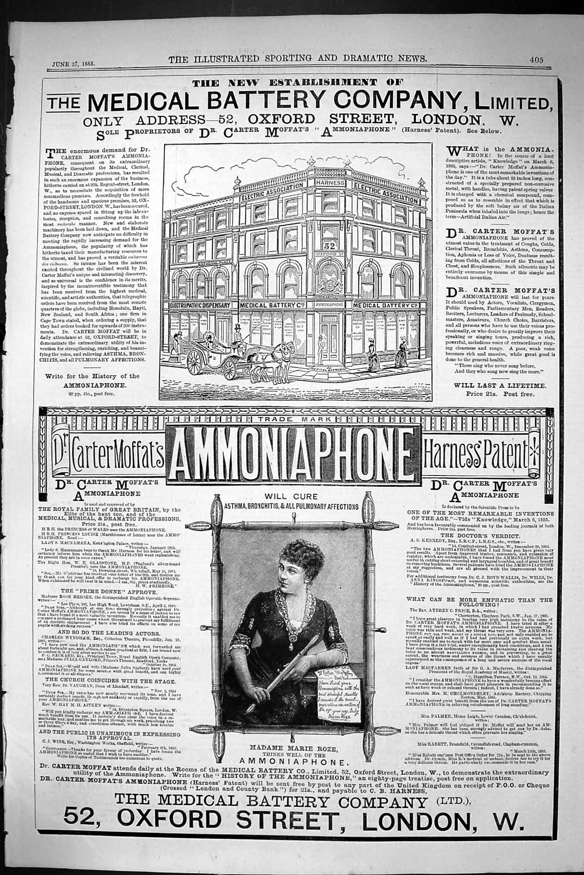 Old Sporting Dramatic News 1885 Medical Battery Company Carter Moffat Victorian