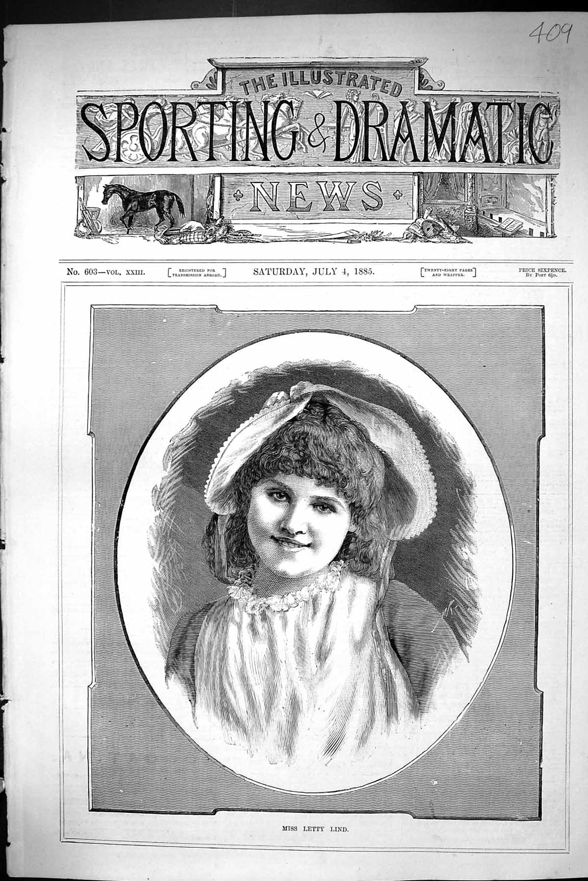 Antique Old Print Sporting Dramatic News 1885 Miss Letty Lind Beautiful Lady