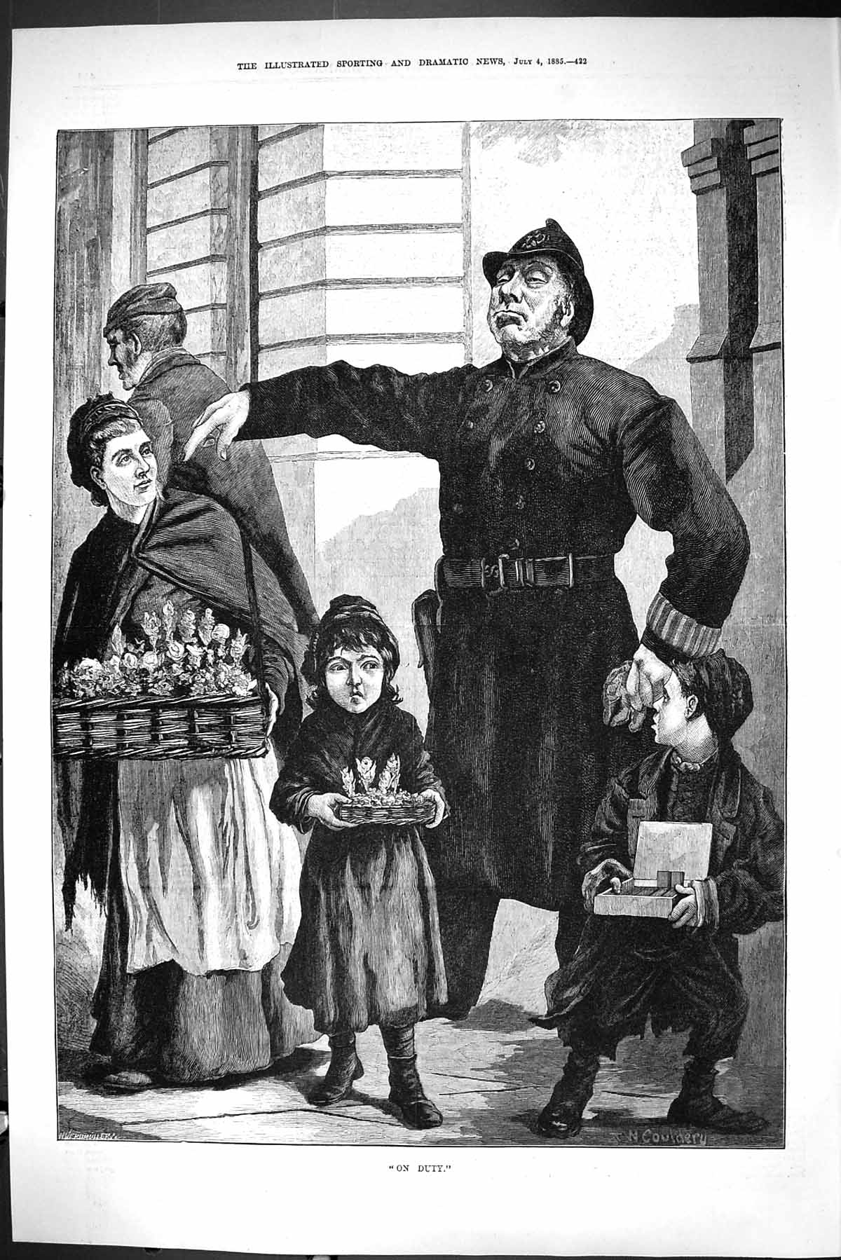 Old Sporting Dramatic News 1885 On Duty Policeman Children Flowers St Victorian