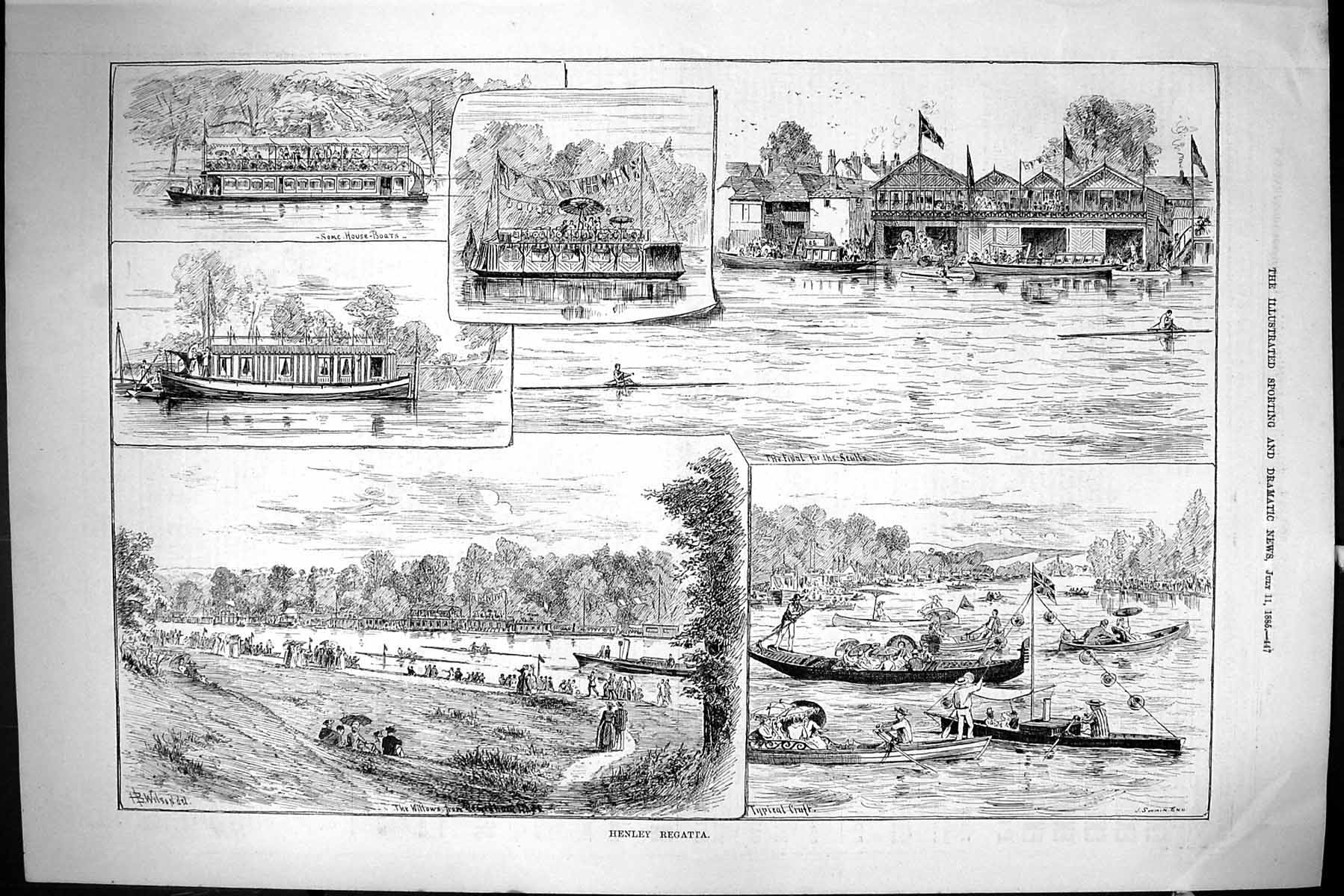 Old Sporting Dramatic News 1885 Henley Regatta River House Boats Swai Victorian