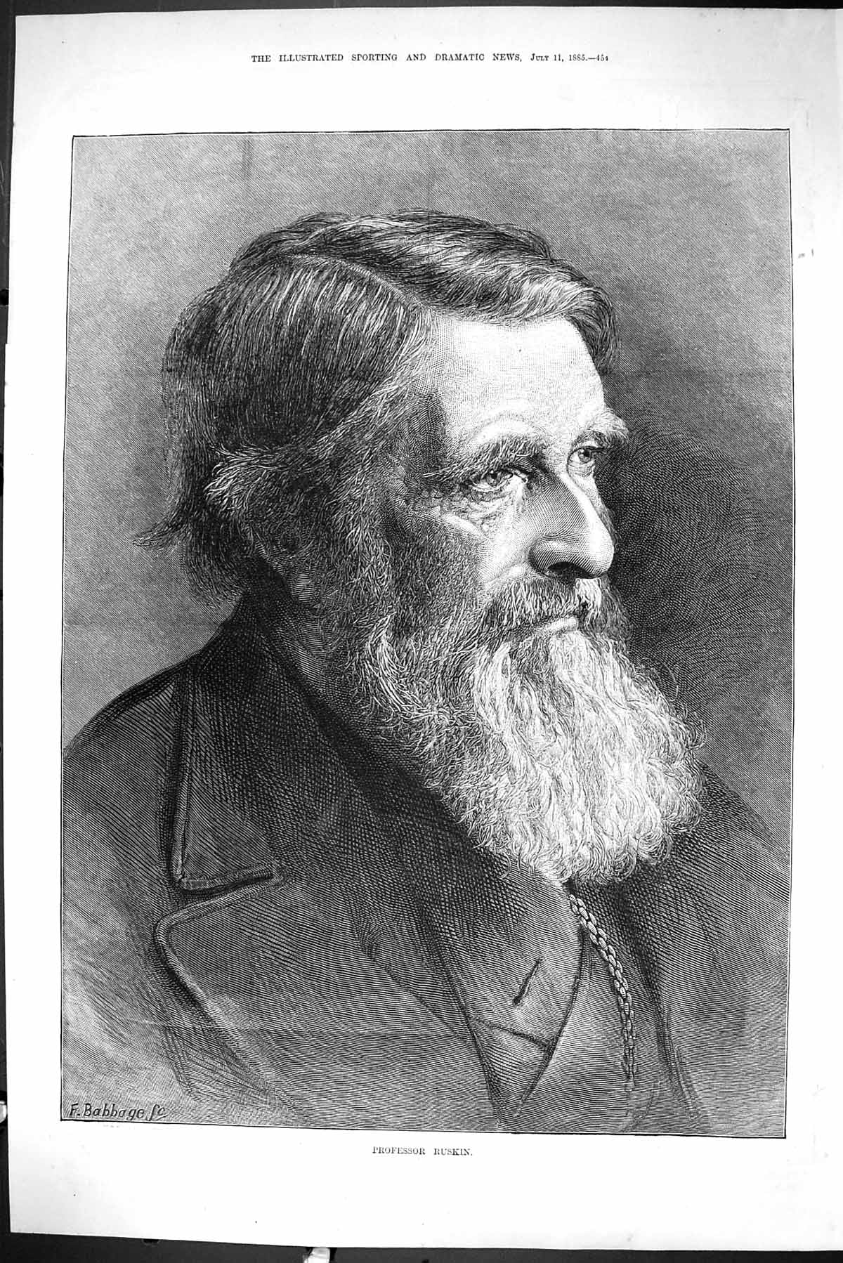 Antique Old Print Sporting Dramatic News 1885 Portrait Professor Ruskin Man