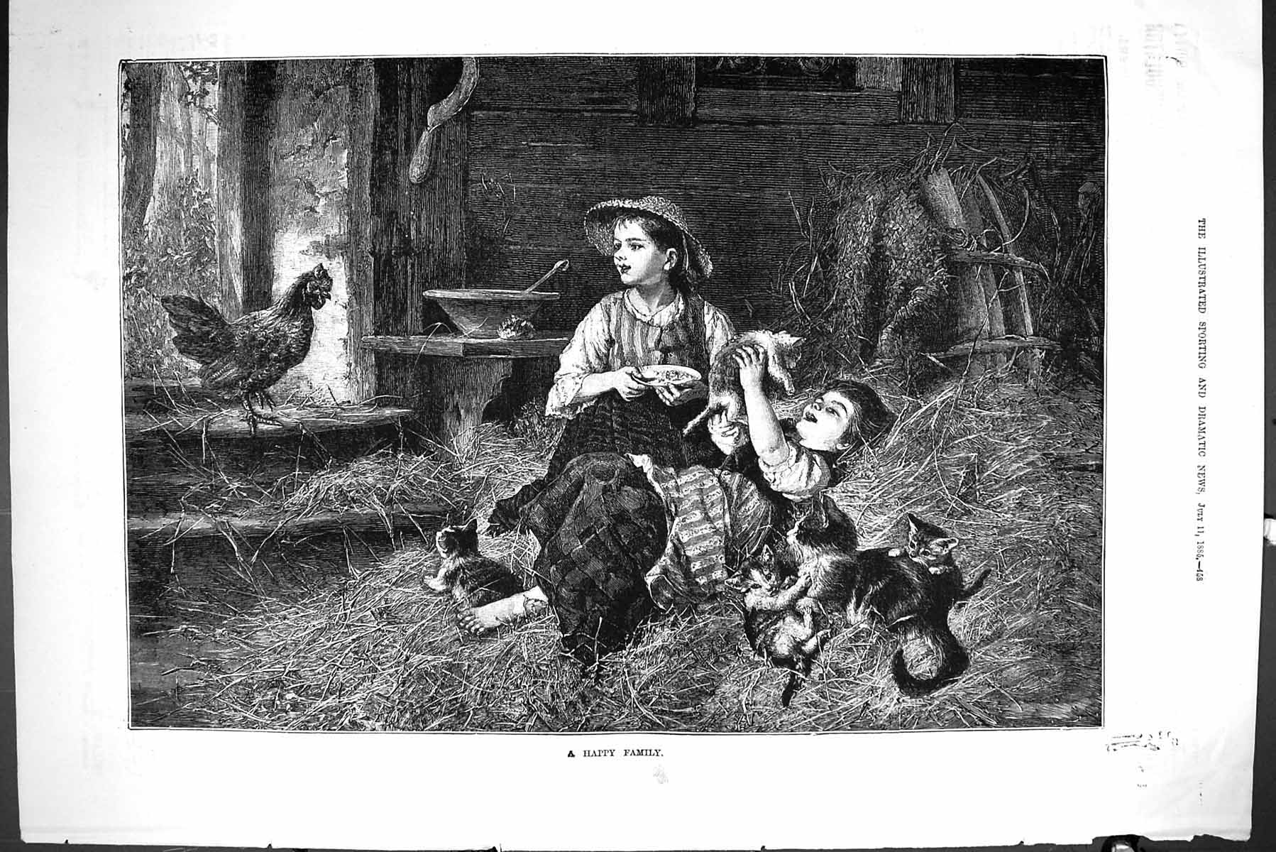 Old Sporting Dramatic News 1885 Happy Family Children Kittens Cats Ch Victorian