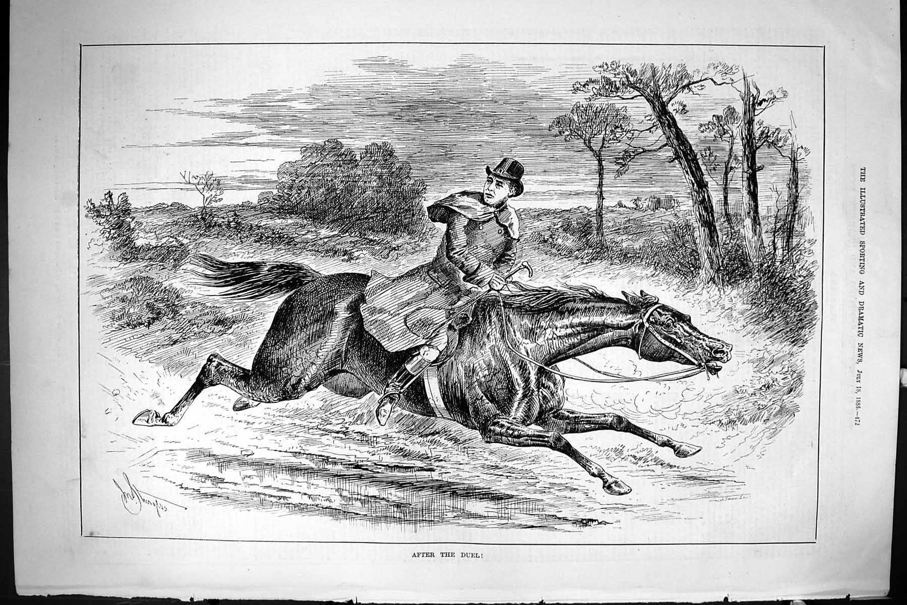 Old Sporting Dramatic News 1885 After The Duel Man Horse Galloping Ol Victorian