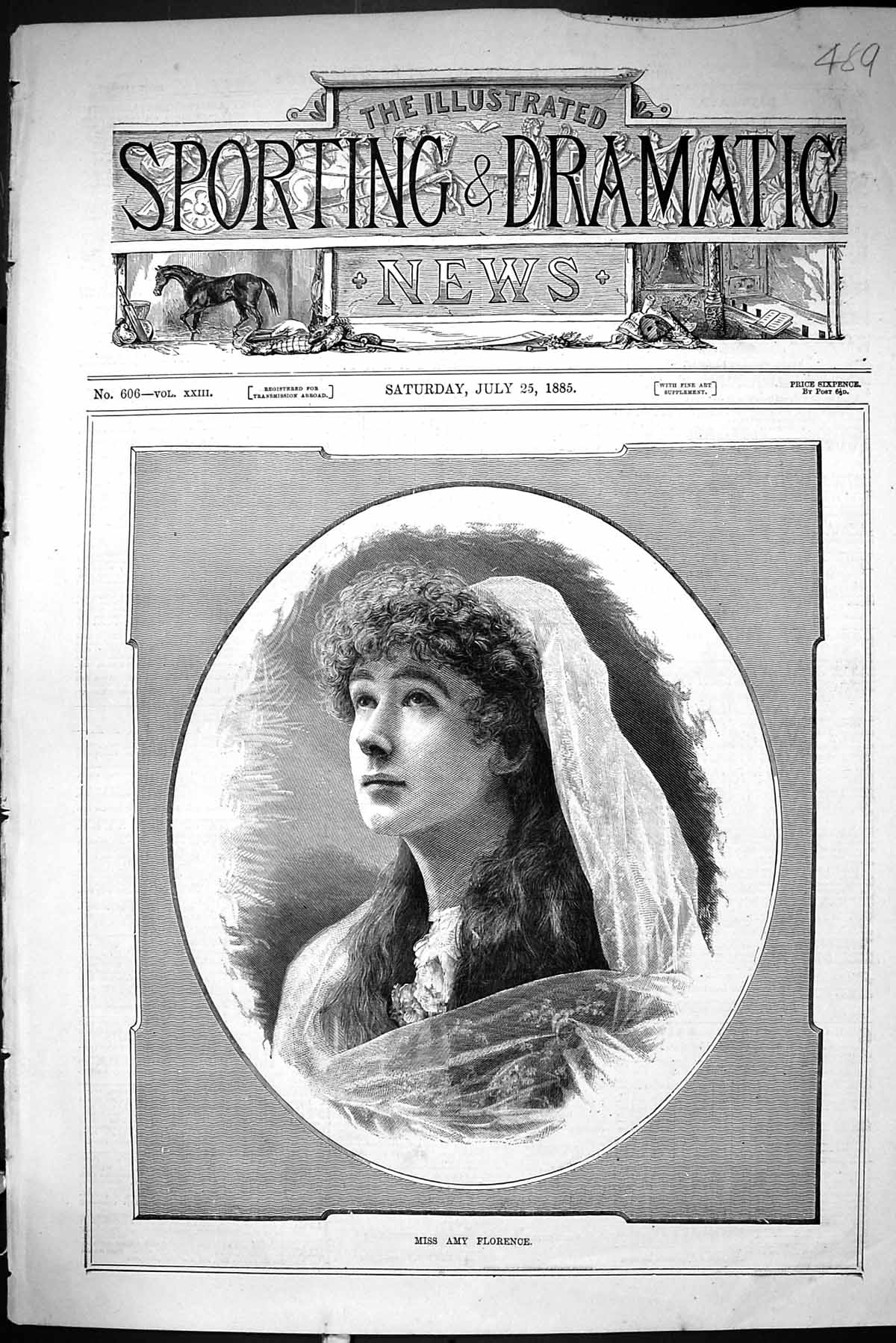 Antique Old Print Sporting Dramatic News 1885 Miss Amy Florence Lady Woman 19th