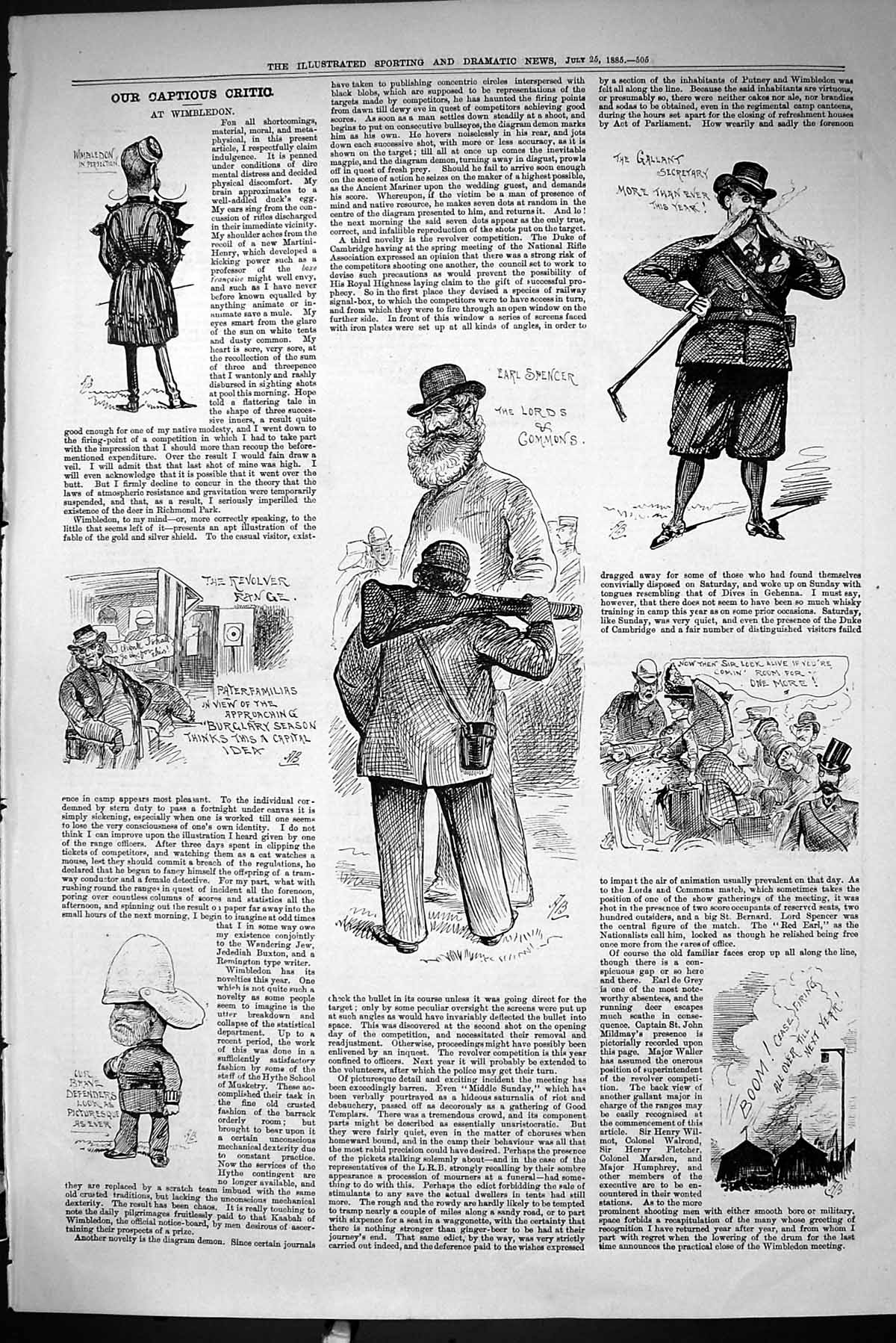 Old Sporting Dramatic News 1885 Captious Critic Wimbledon Earl Spence Victorian