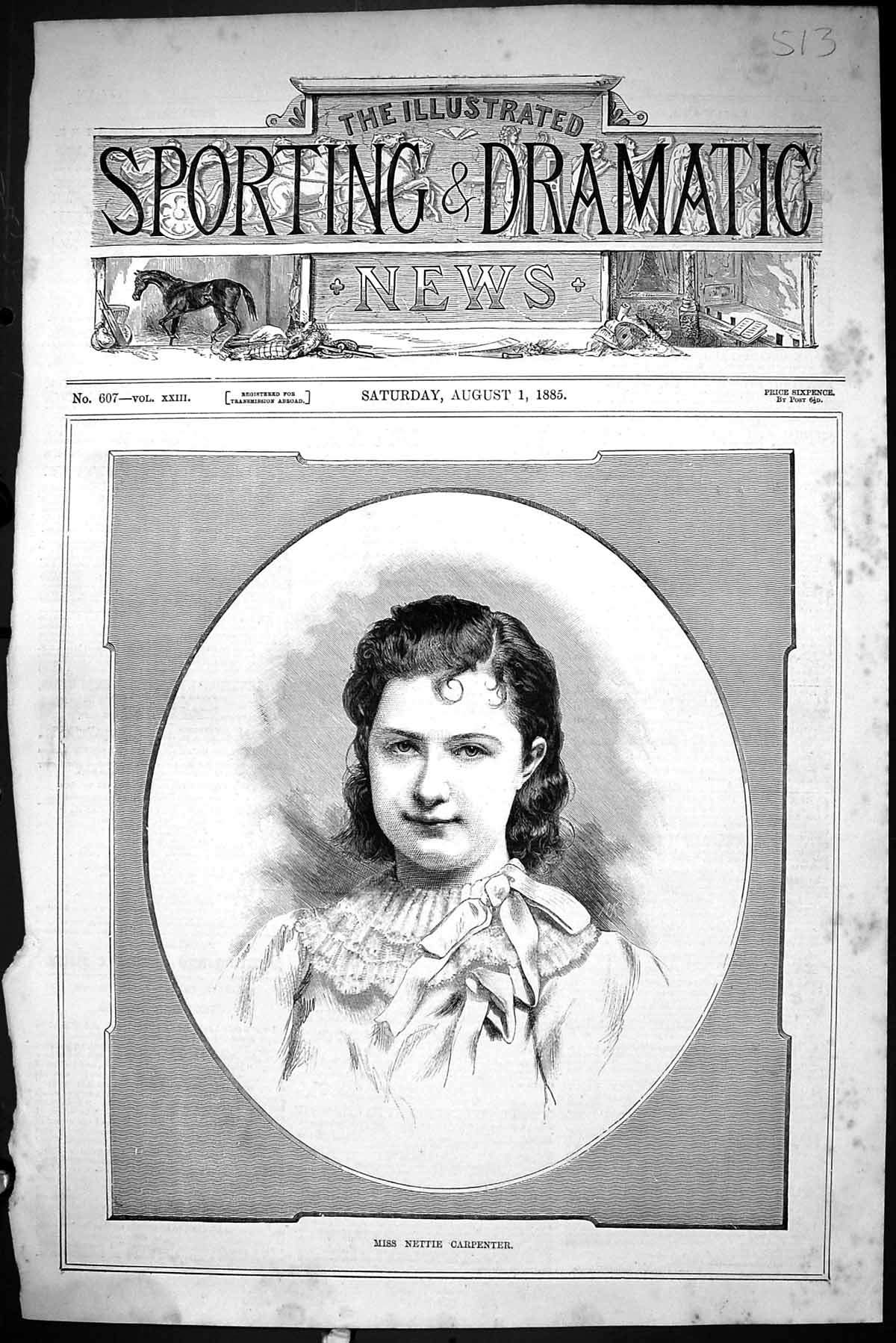Old Antique Print Sporting Dramatic News 1885 Miss Nettie Carpenter Lady 19th