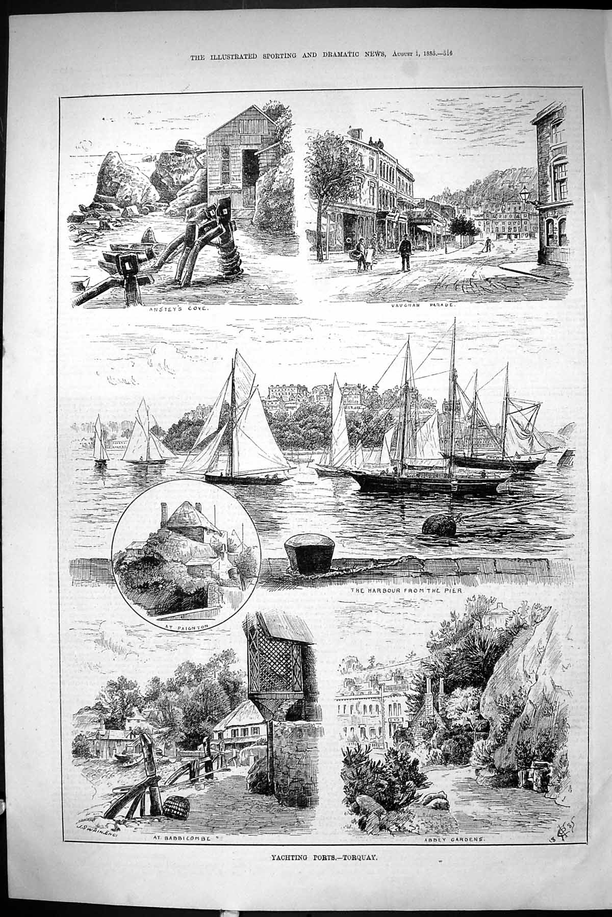 Old Sporting Dramatic News 1885 Yachting Port Torquay Harbour Babbico Victorian