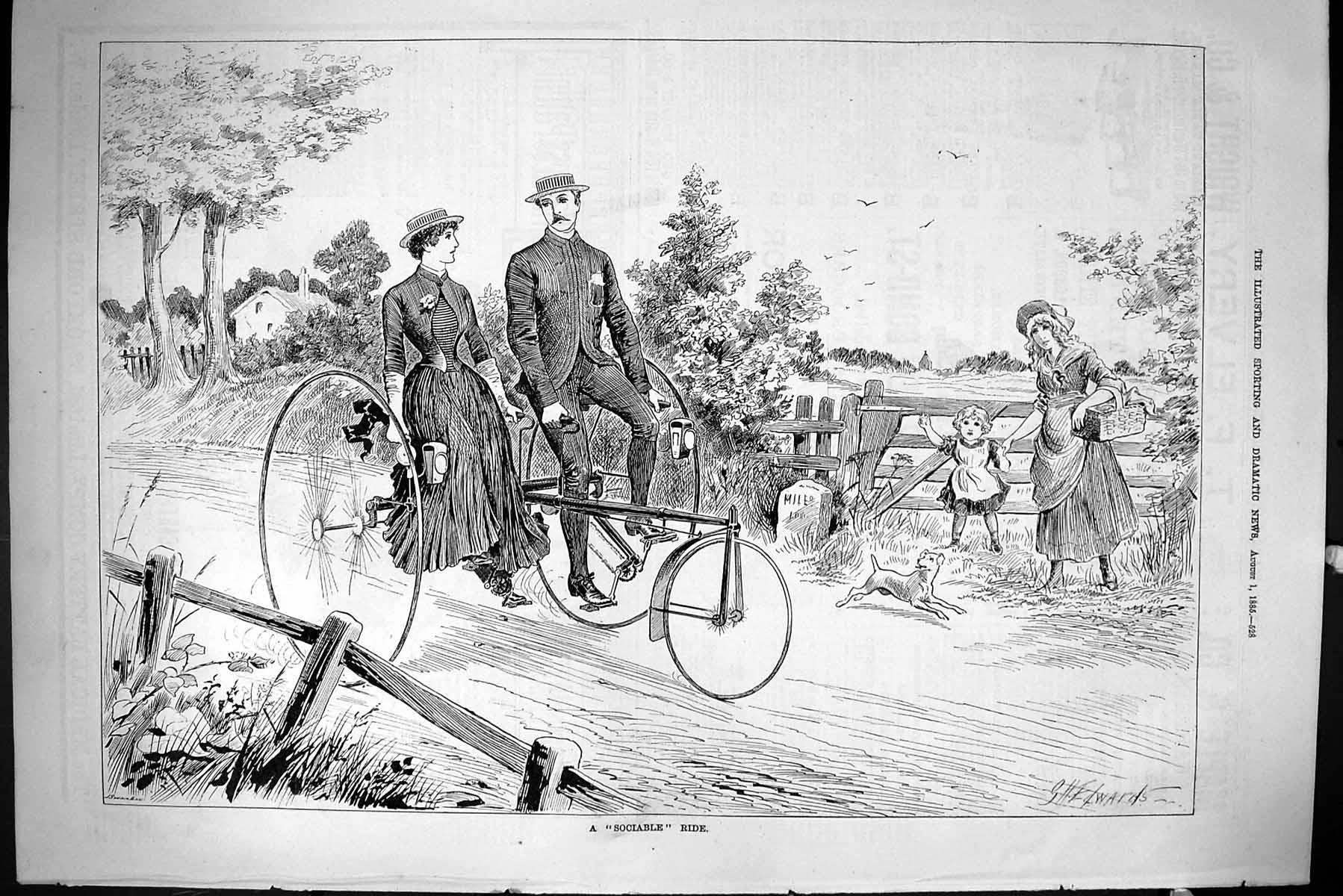 Old Sporting Dramatic News 1885 Sociable Ride Lady Man Bicycle Edward Victorian
