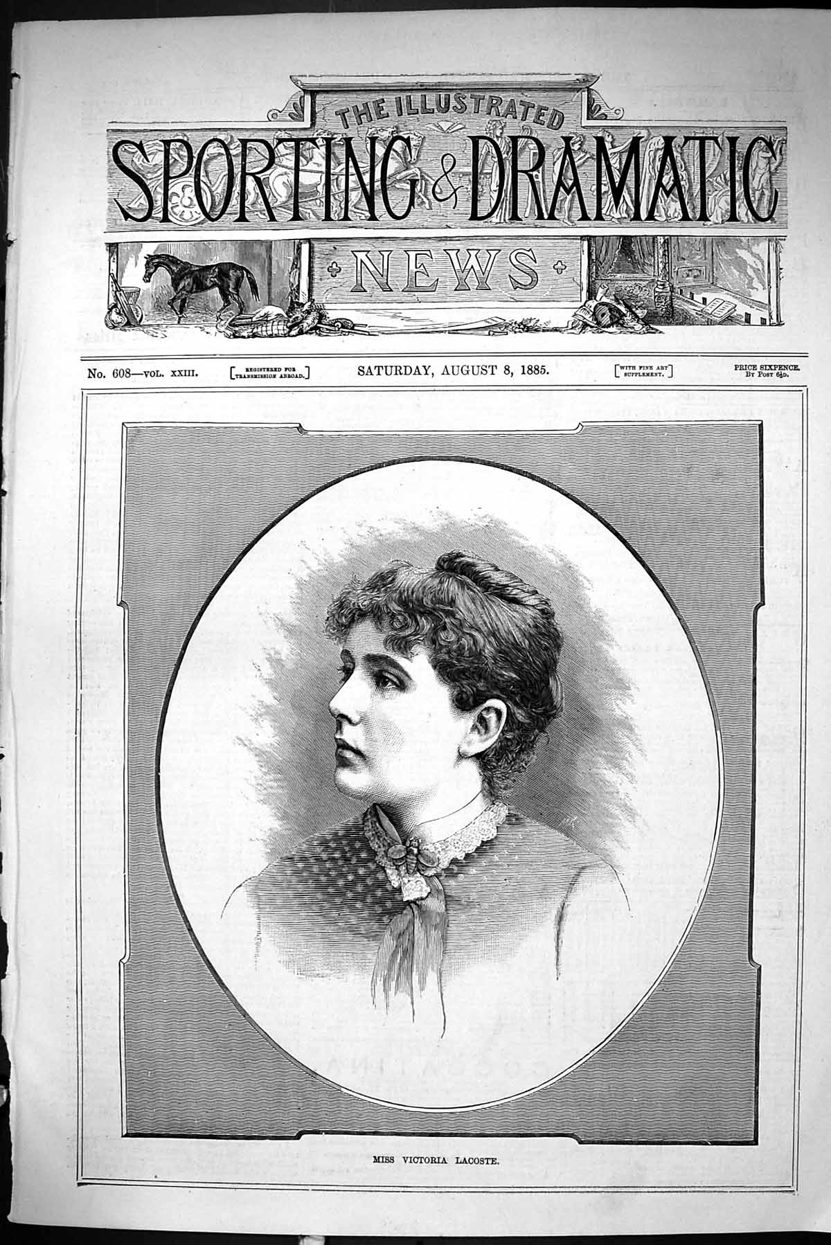 Antique Print Sporting Dramatic News 1885 Miss Victoria Lacoste Lady Woman 19th