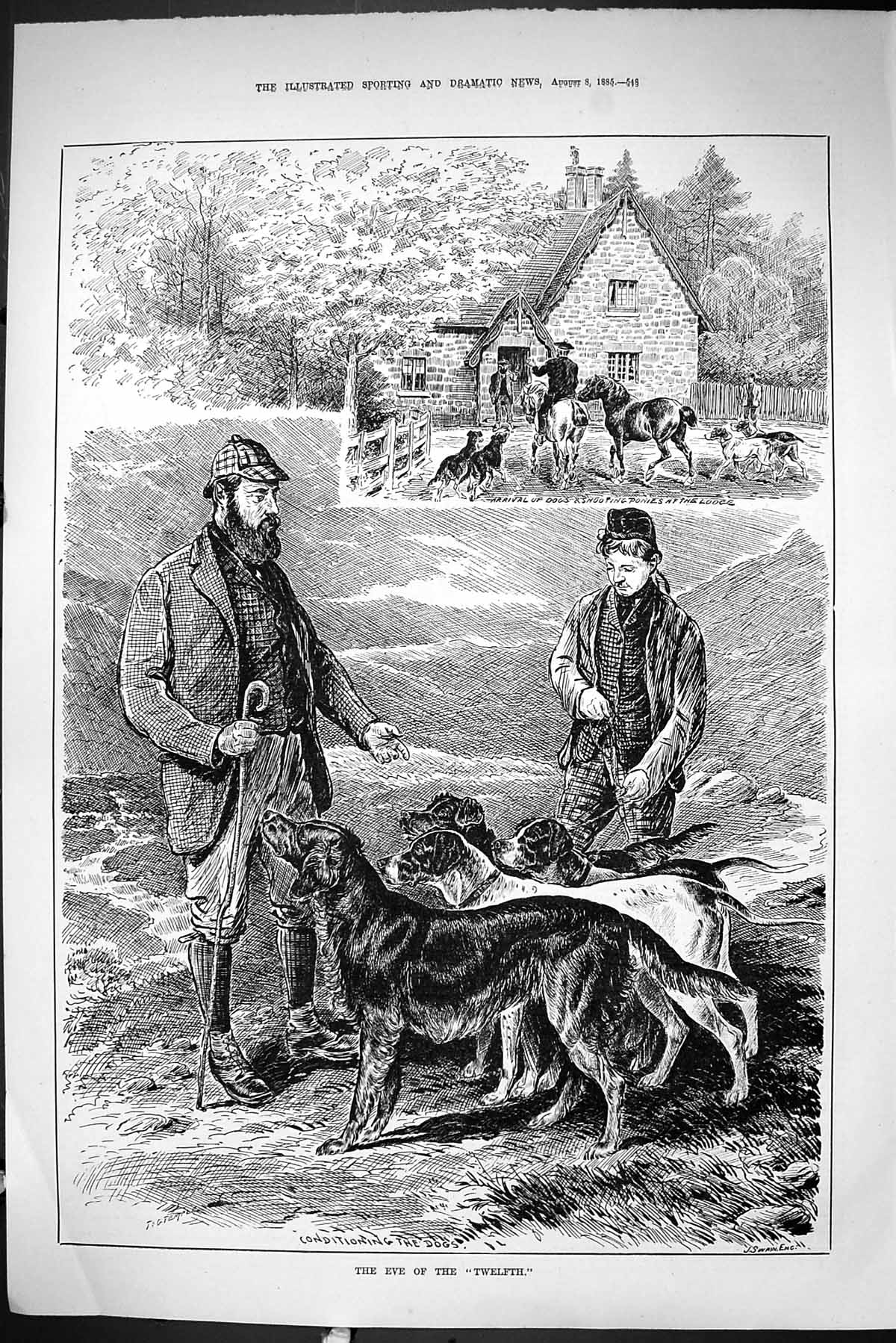 Old Sporting Dramatic News 1885 Eve Twelfth Hunting Horses Lodge Dogs Victorian