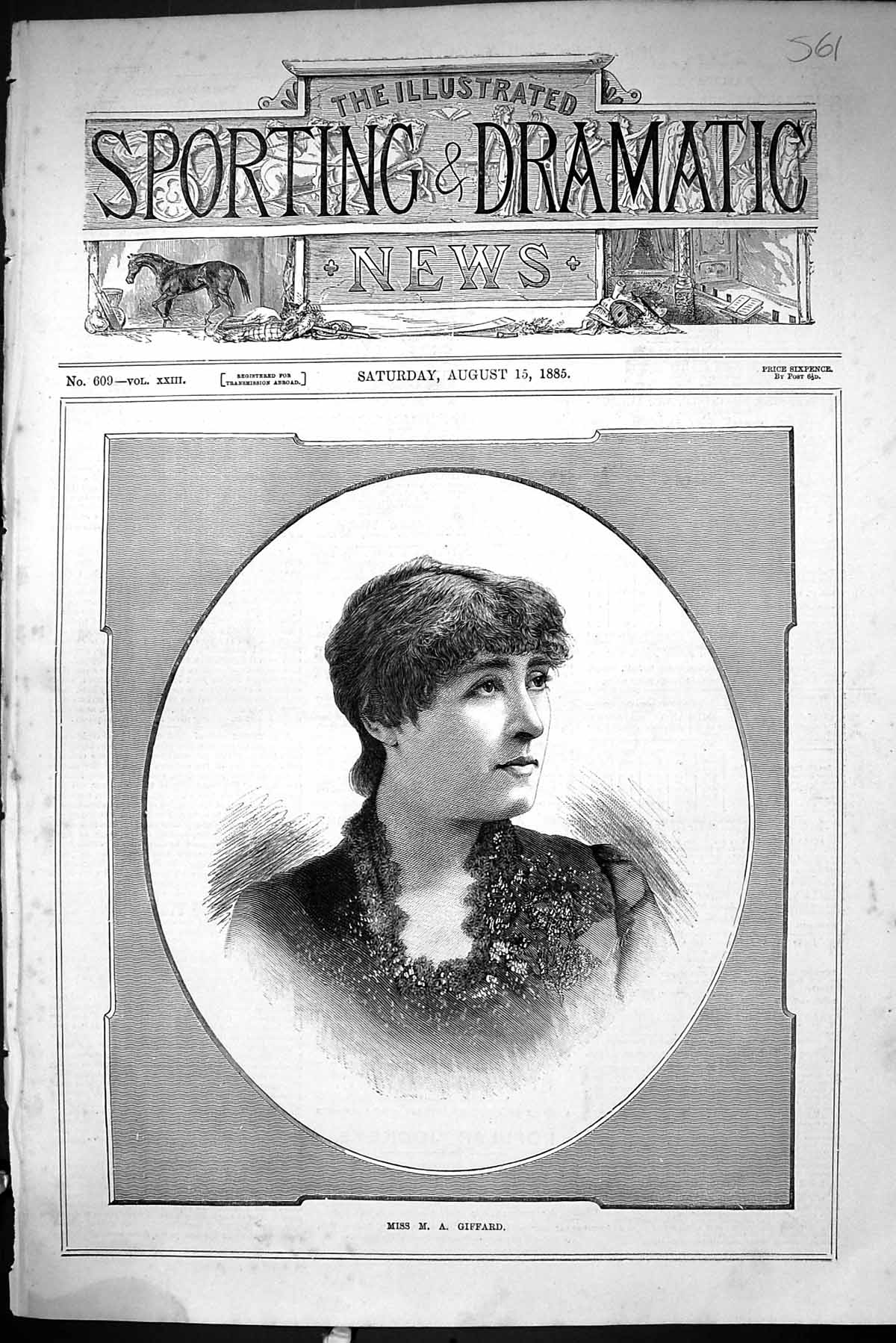 Antique Print Sporting Dramatic News 1885 Portrait Miss Giffard Lady Woman 19th