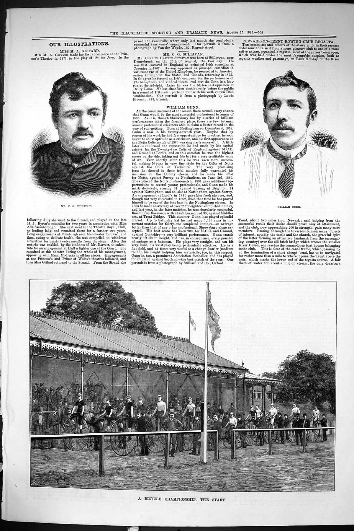 Old Sporting Dramatic News 1885 Sullivan William Gunn Bicycle Champio Victorian