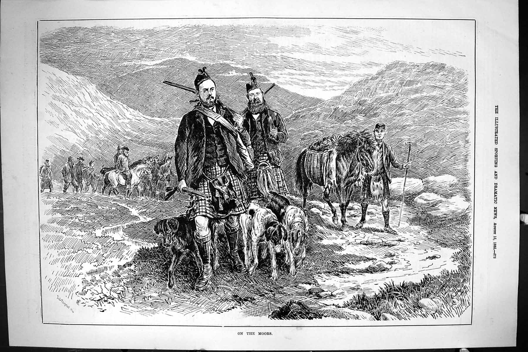 Old Sporting Dramatic News 1885 Scotland Men Hunting Moors Horses Hou Victorian