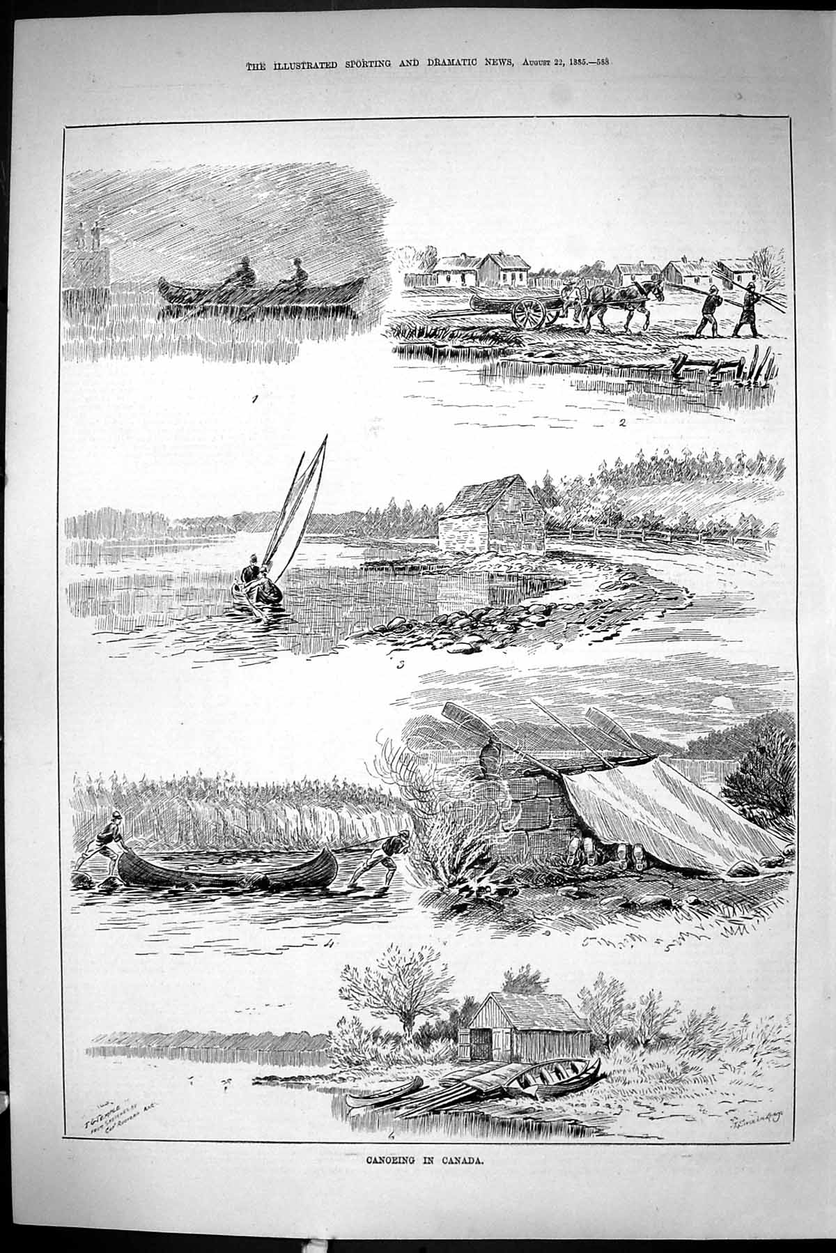 Old Sporting Dramatic News 1885 Canoeing Canada Boats Temple Rudyerd Victorian
